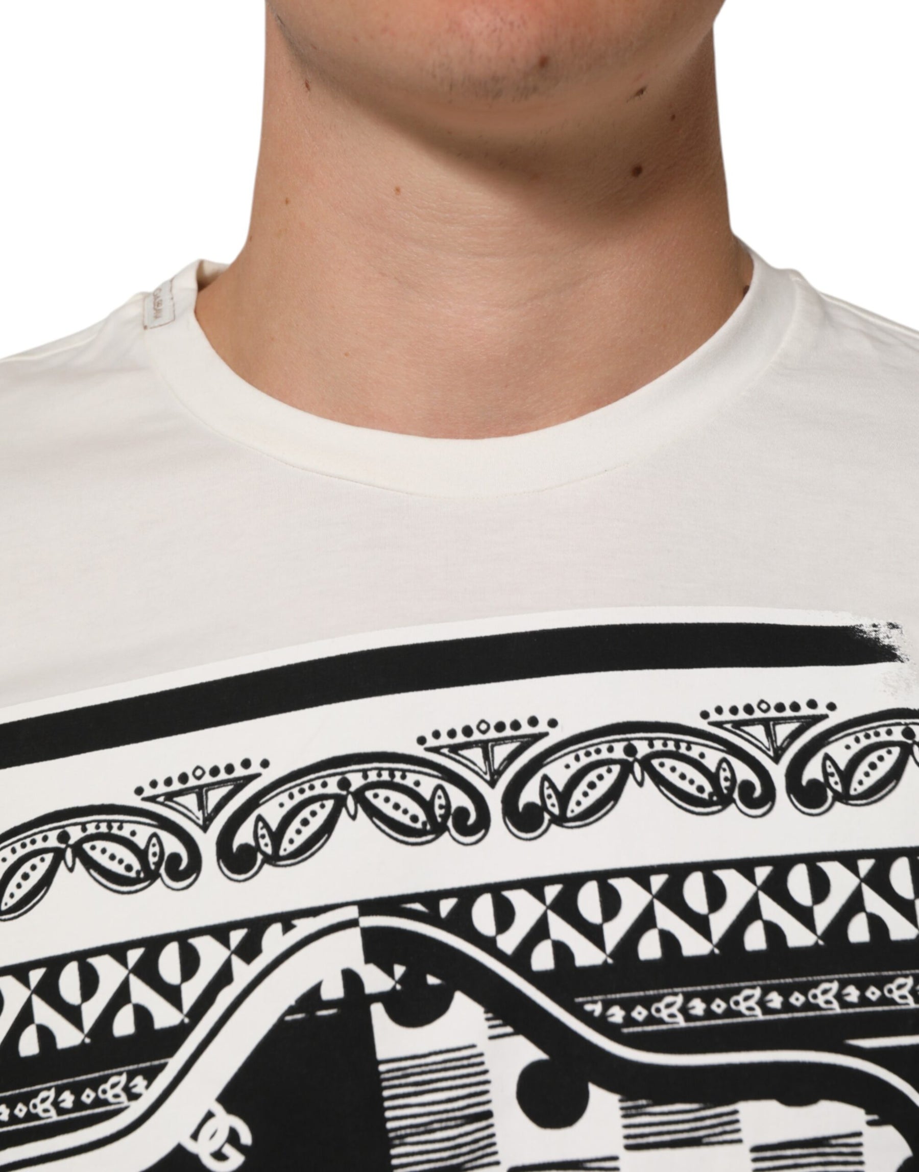 Dolce & Gabbana White Cotton Logo Bandana Print Men T-shirt | Regal Royce