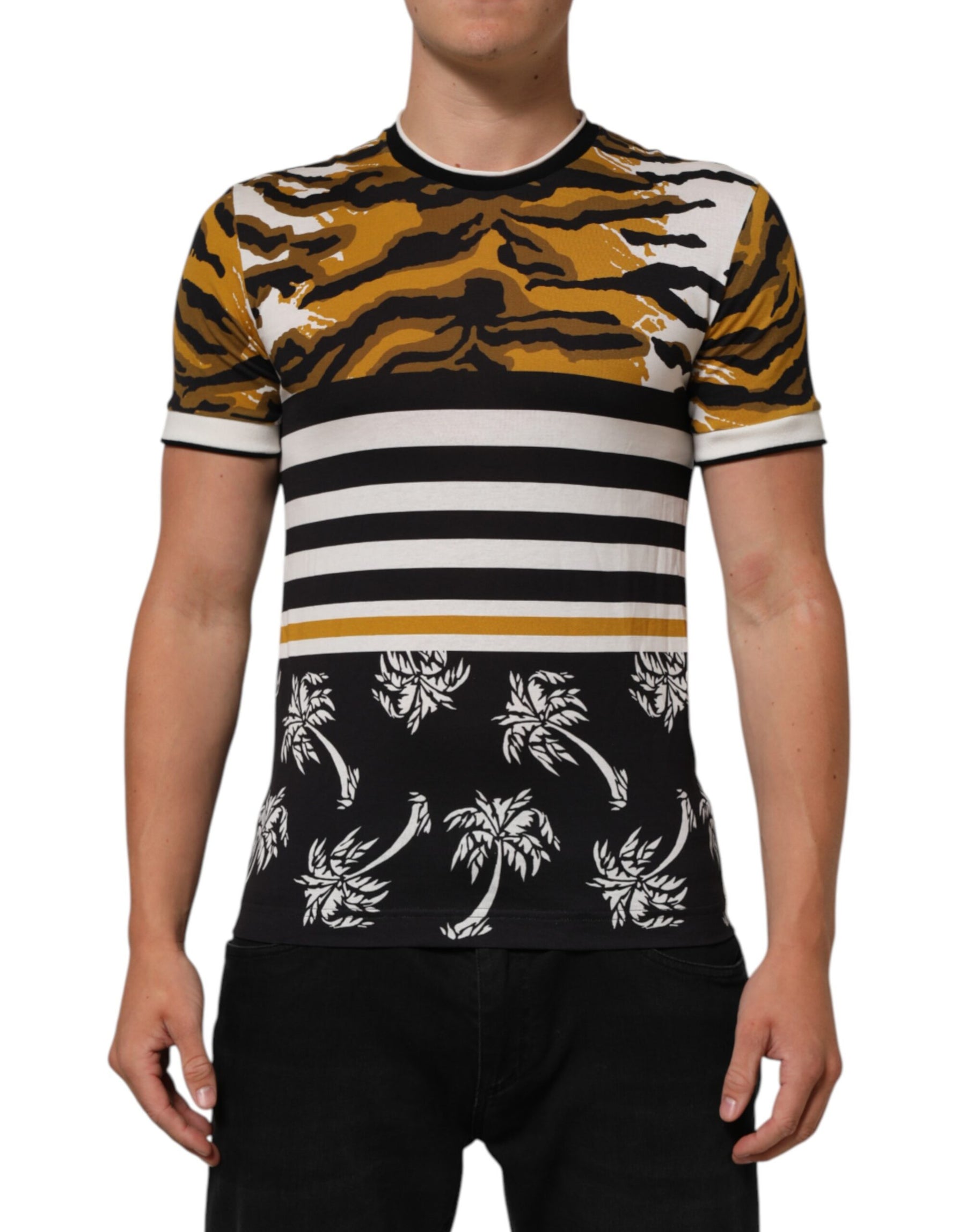 Dolce & Gabbana Multicolor Leopard Palm Leaf Men Crew Neck T-shirt | Regal Royce