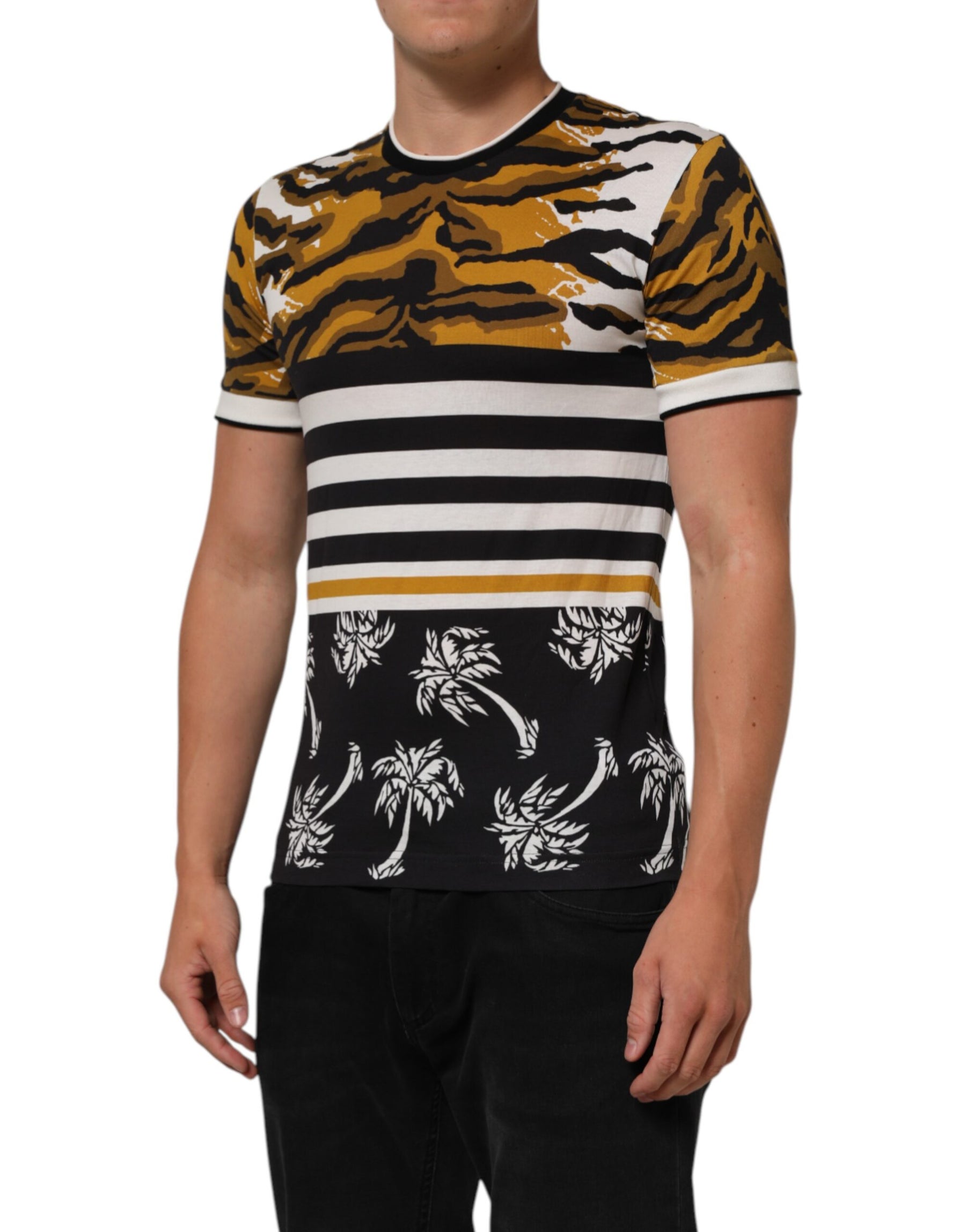 Dolce & Gabbana Multicolor Leopard Palm Leaf Men Crew Neck T-shirt | Regal Royce