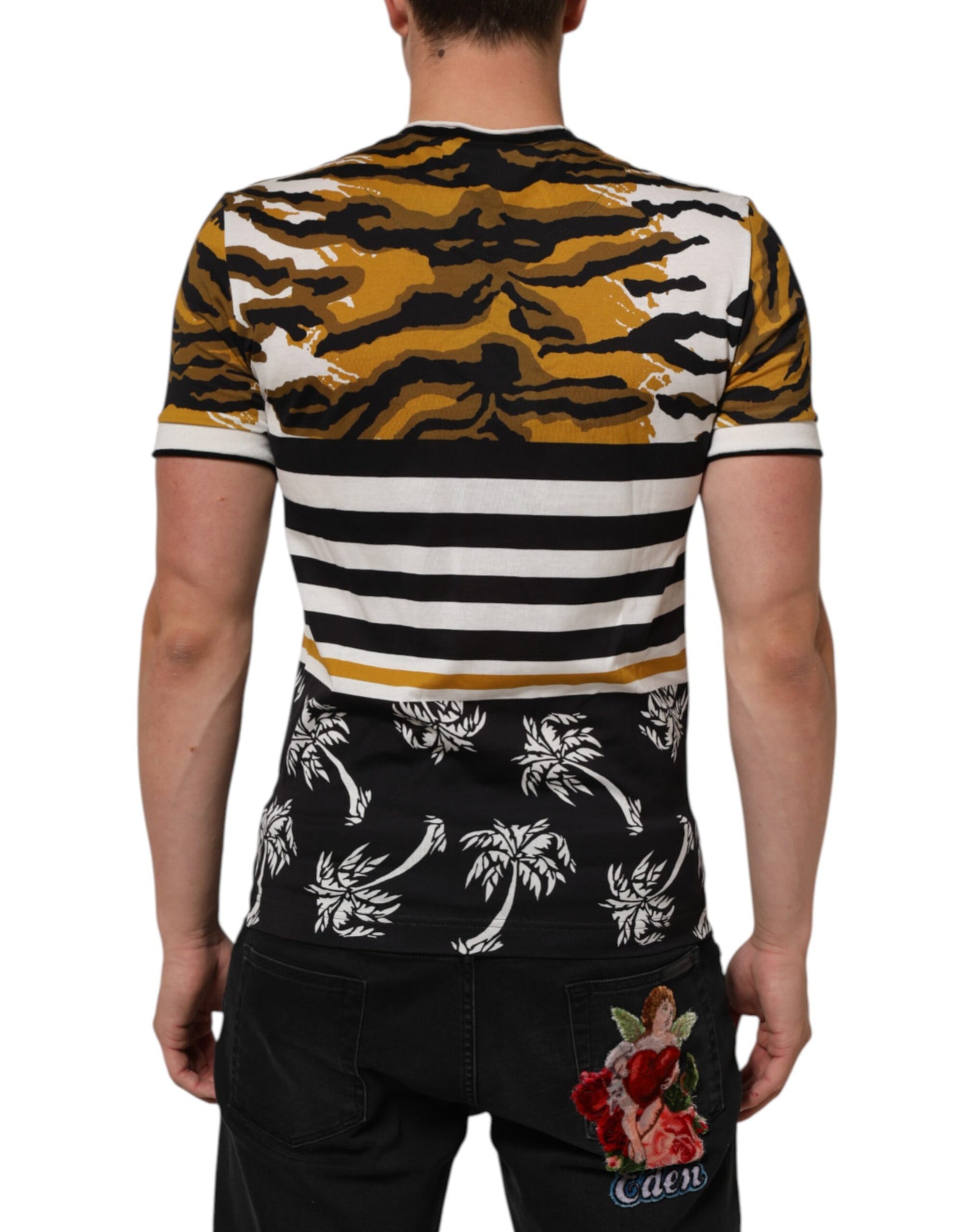 Dolce & Gabbana Multicolor Leopard Palm Leaf Men Crew Neck T-shirt | Regal Royce