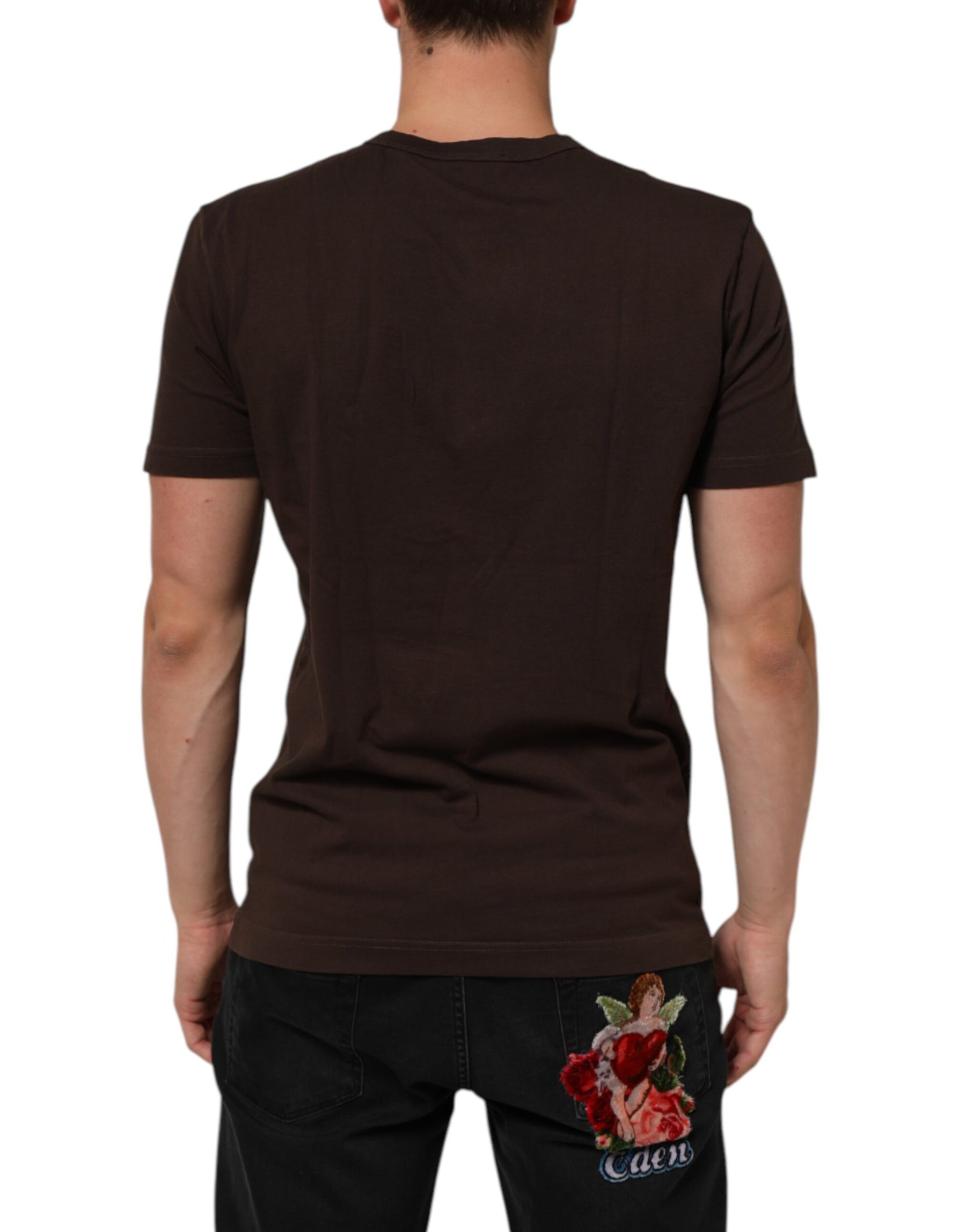 Dolce & Gabbana Brown Coin Laurel Print Men Crew Neck T-shirt | Regal Royce