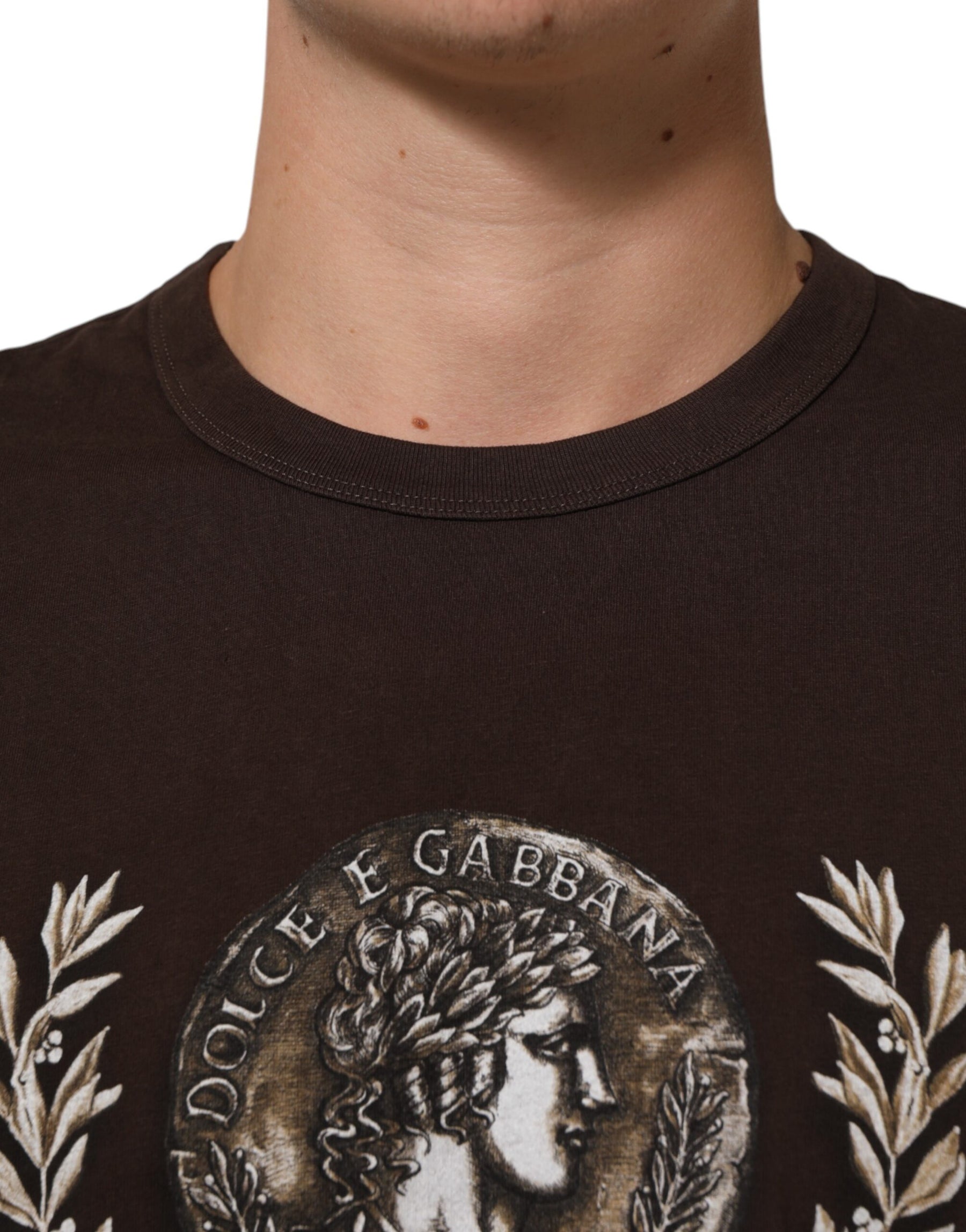 Dolce & Gabbana Brown Coin Laurel Print Men Crew Neck T-shirt | Regal Royce