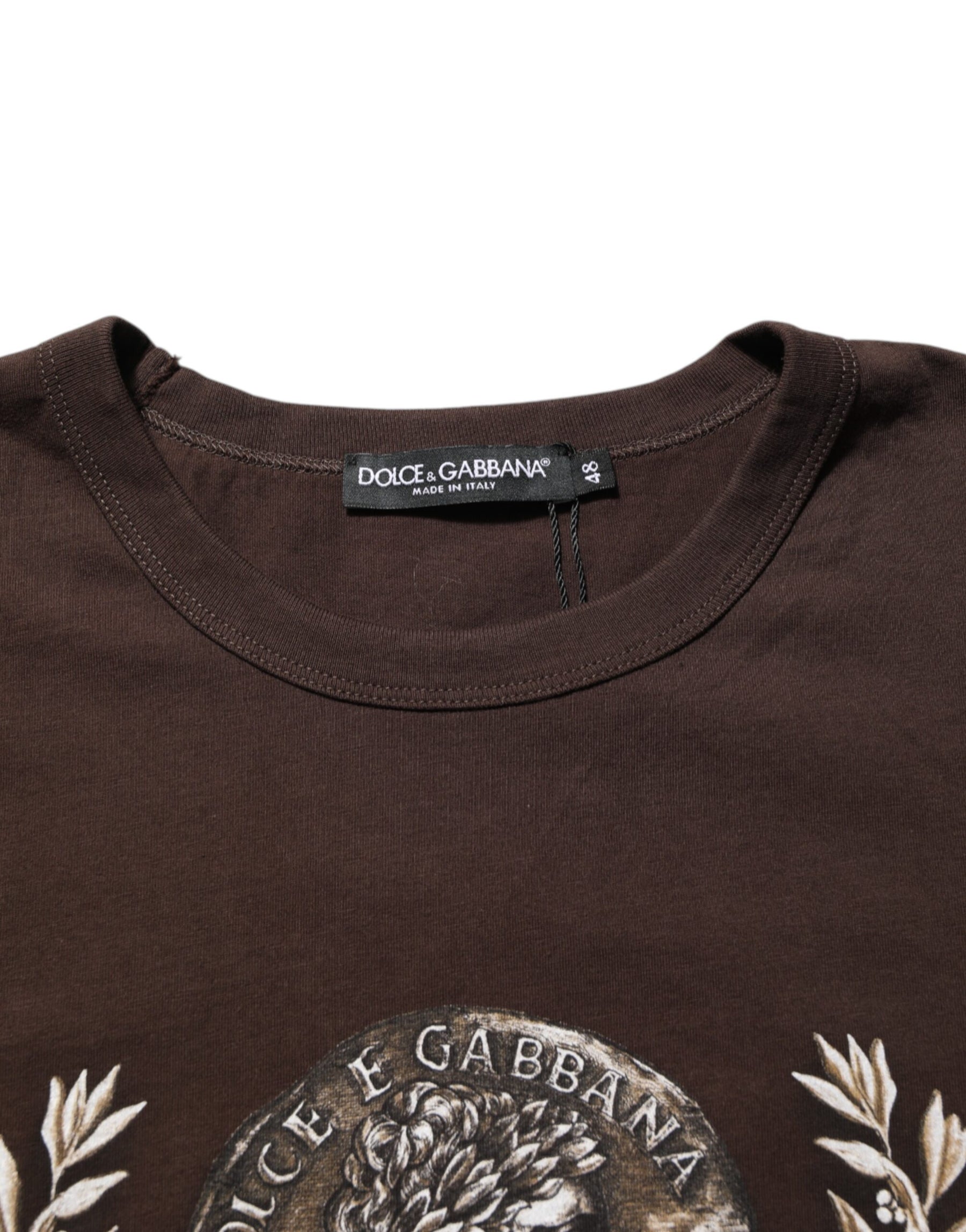 Dolce & Gabbana Brown Coin Laurel Print Men Crew Neck T-shirt | Regal Royce