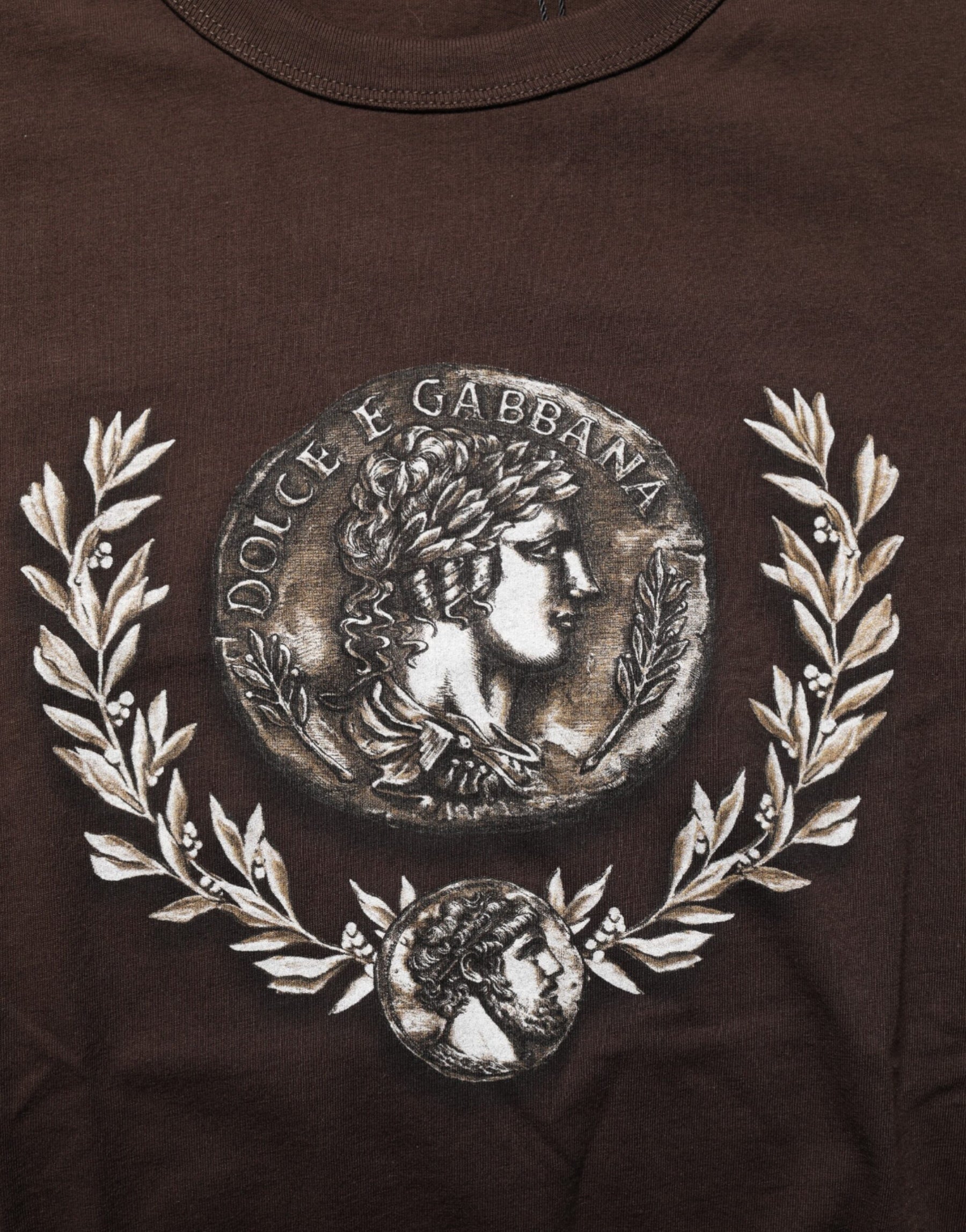 Dolce & Gabbana Brown Coin Laurel Print Men Crew Neck T-shirt | Regal Royce