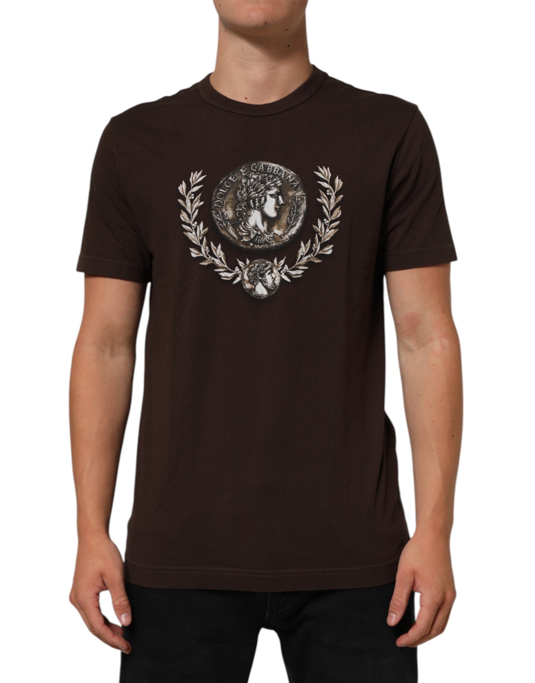 Dolce & Gabbana Brown Coin Laurel Print Men Crew Neck T-shirt | Regal Royce