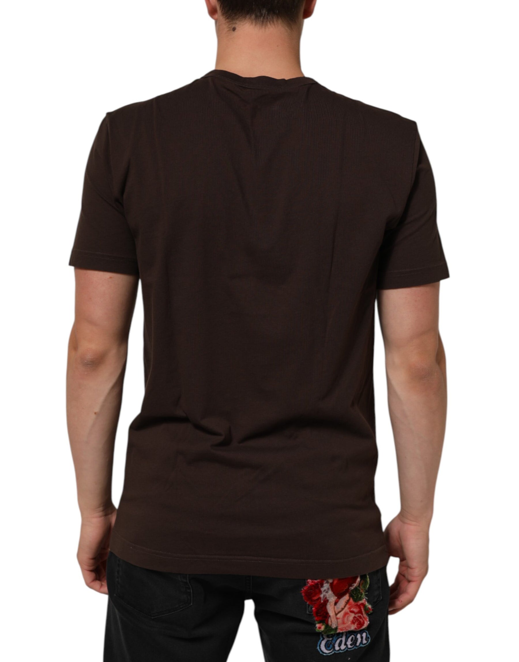 Dolce & Gabbana Brown Coin Laurel Print Men Crew Neck T-shirt | Regal Royce