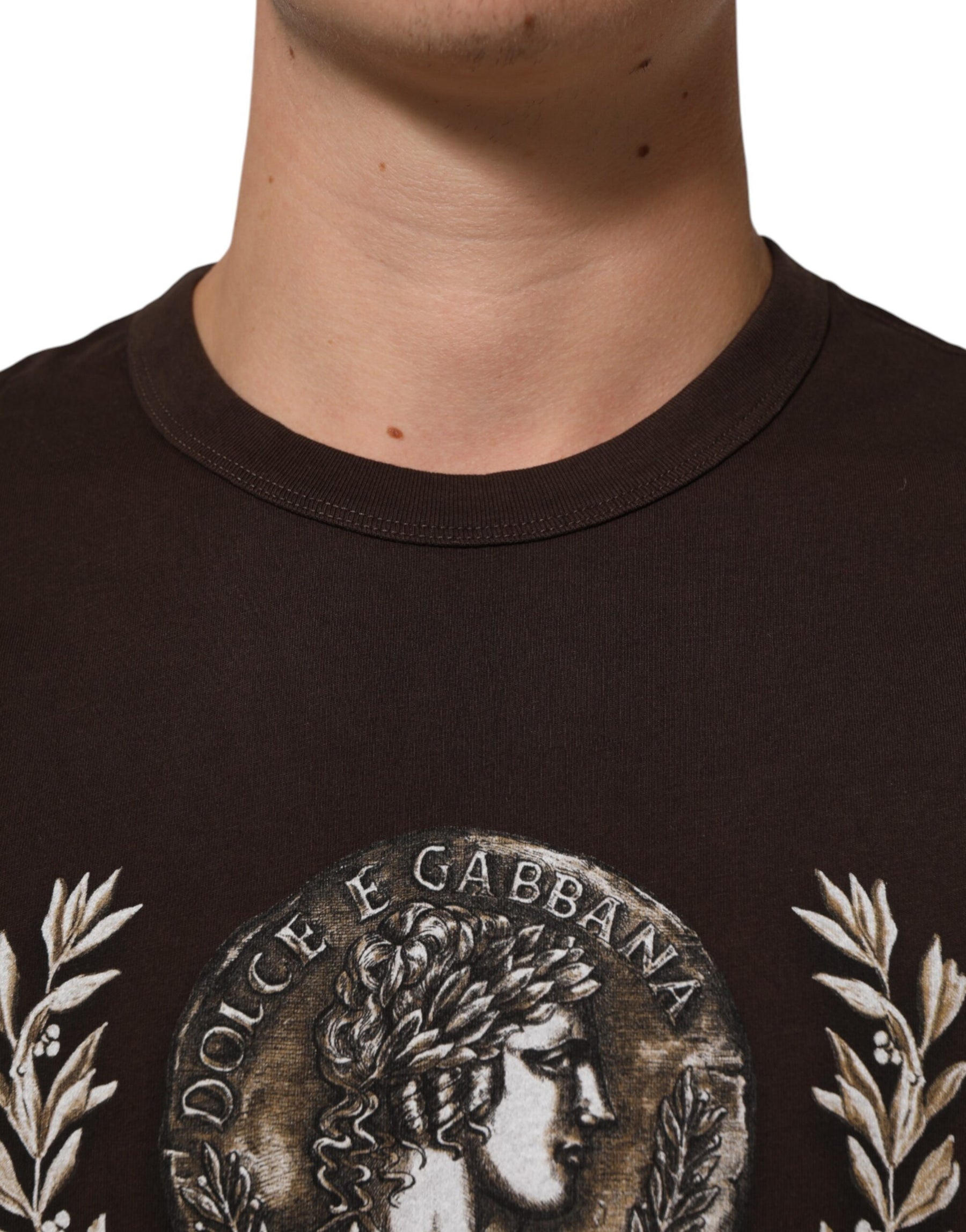 Dolce & Gabbana Brown Coin Laurel Print Men Crew Neck T-shirt | Regal Royce