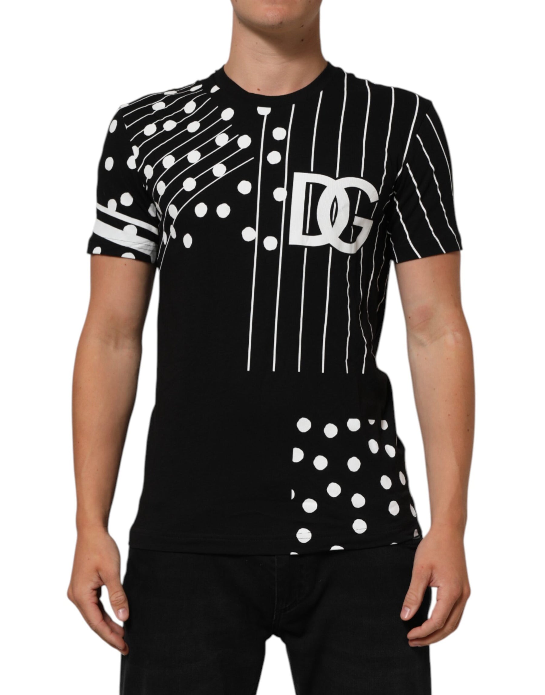 Dolce & Gabbana Black Cotton Polka Dots Round Neck T-shirt | Regal Royce