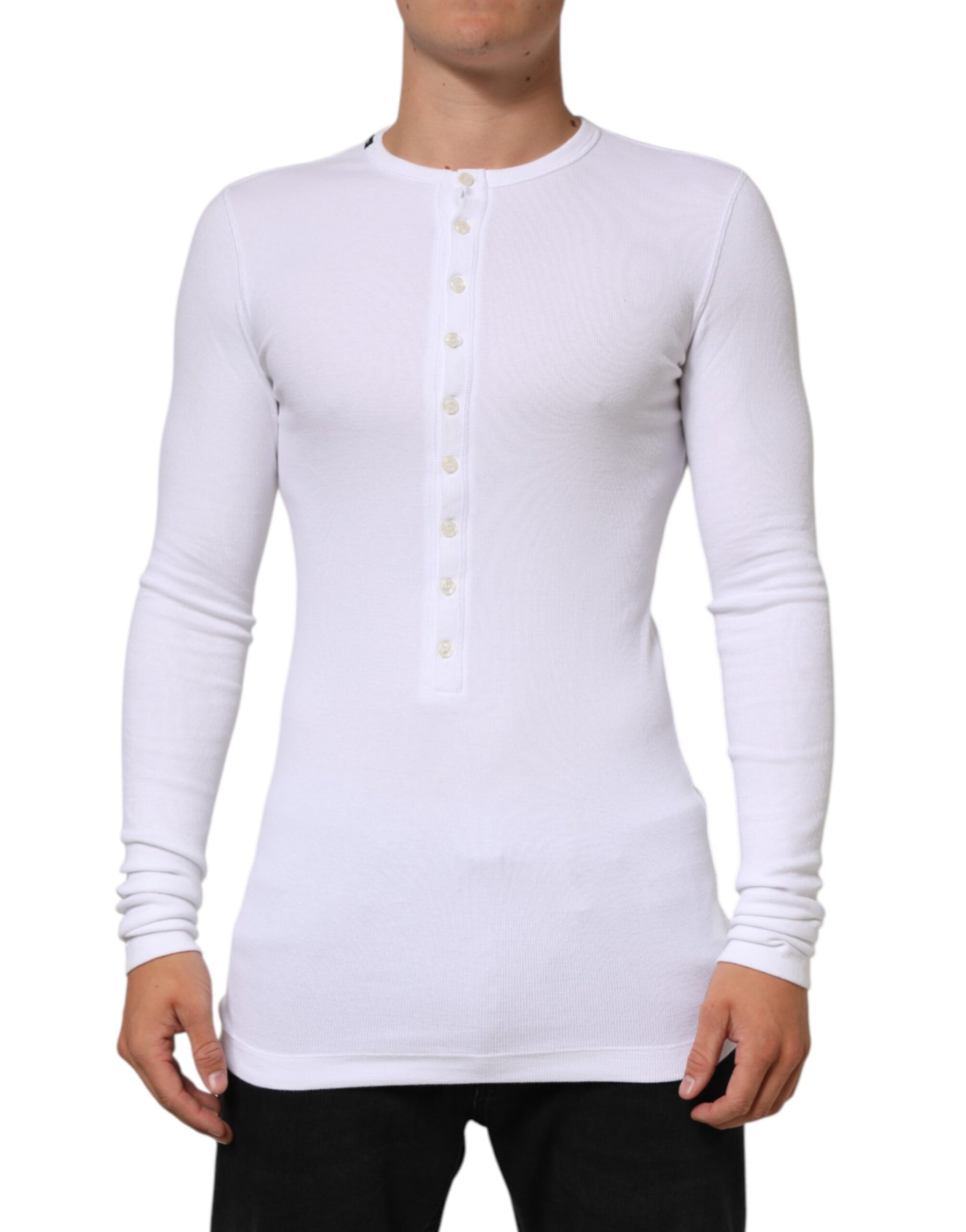 Dolce & Gabbana White Long Sleeves Button Closure T-shirt | Regal Royce