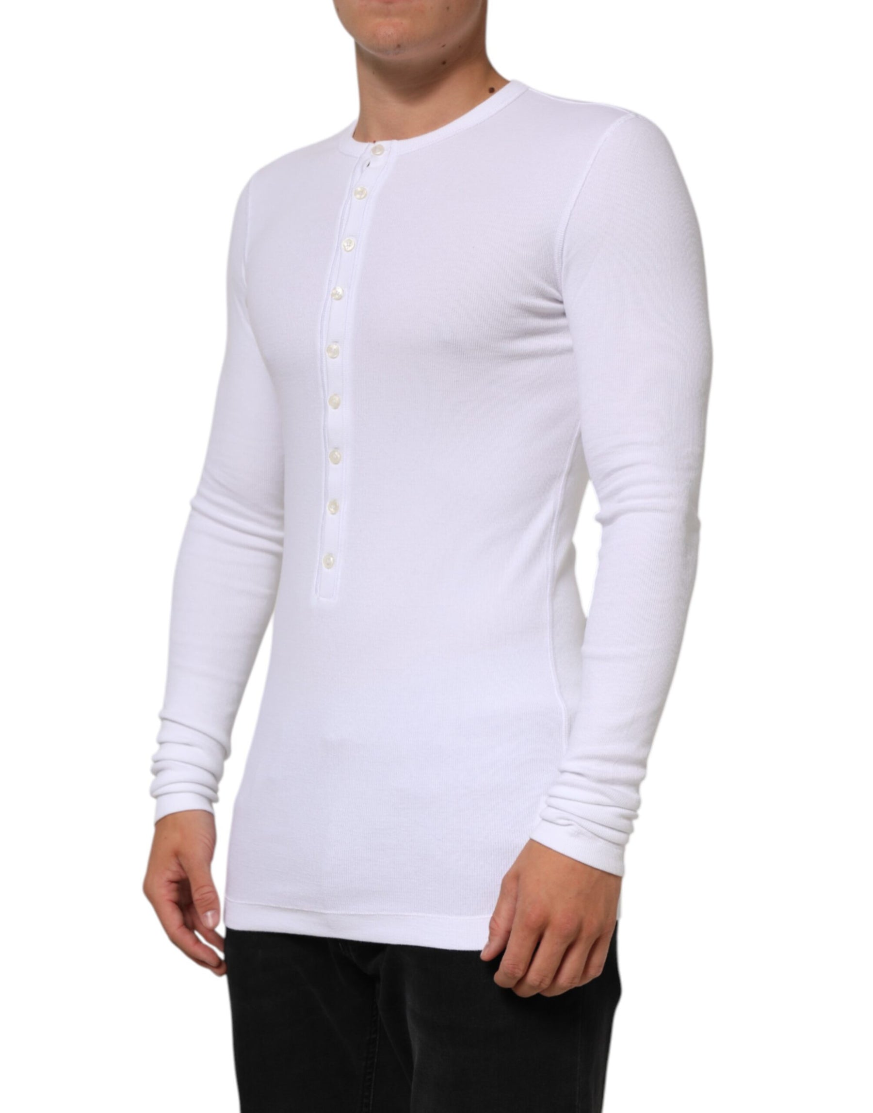 Dolce & Gabbana White Long Sleeves Button Closure T-shirt | Regal Royce