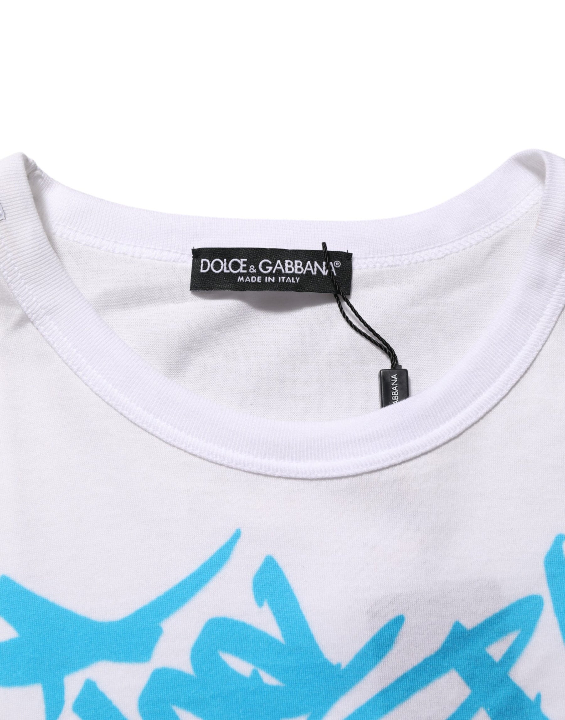 Dolce & Gabbana White Graphic Print Cotton Crew Neck T-shirt | Regal Royce