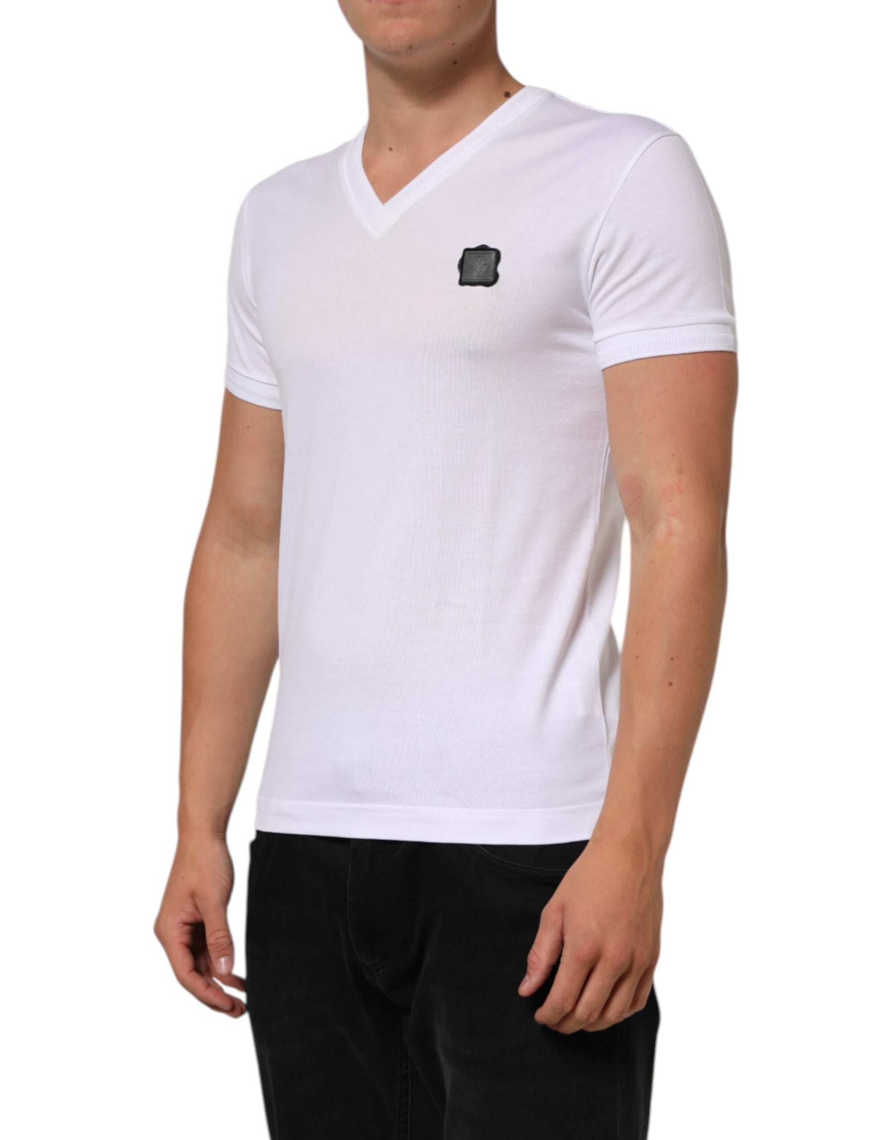 Dolce & Gabbana White Cotton Logo Patch V-neck Tee T-shirt | Regal Royce
