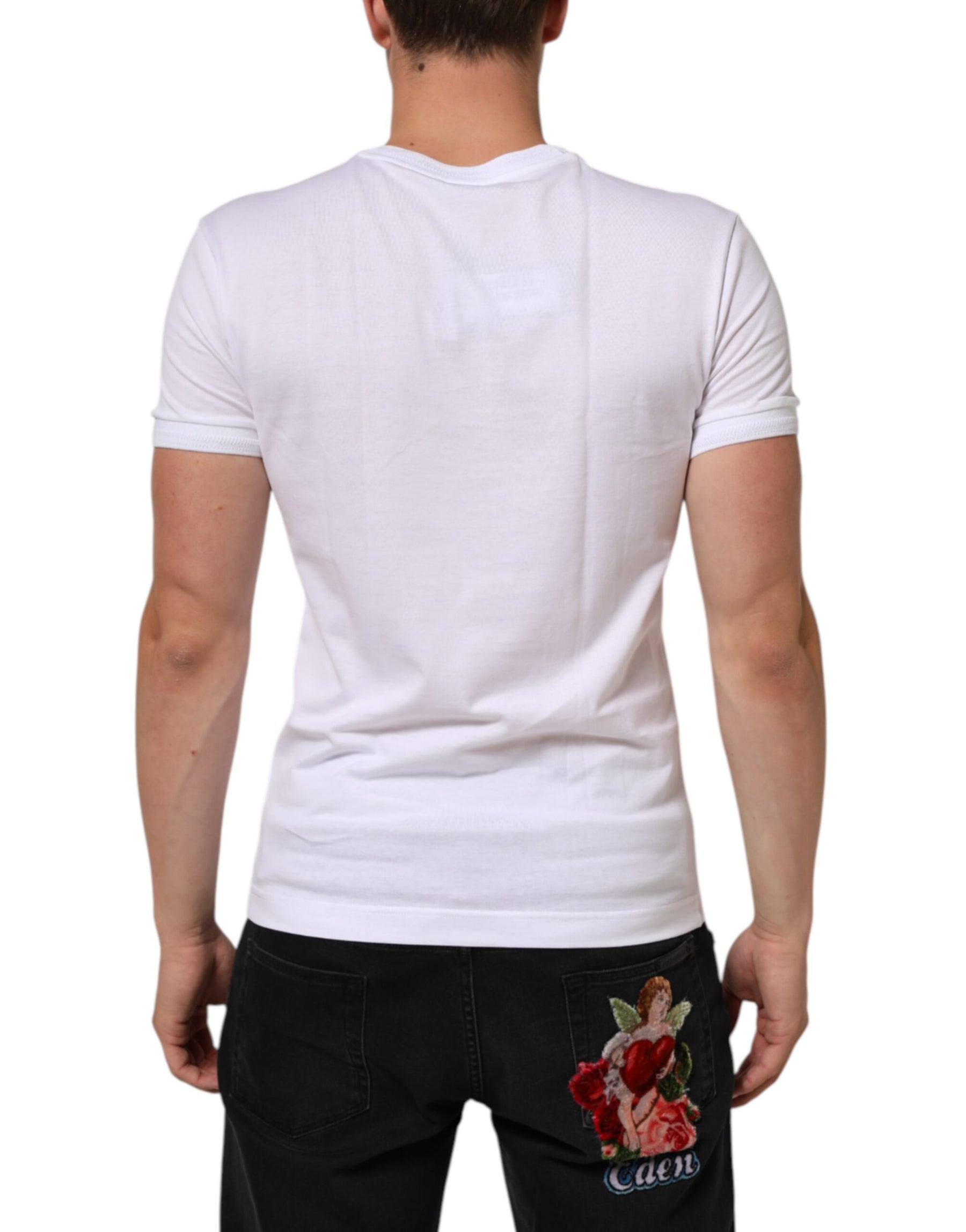 Dolce & Gabbana White Cotton Logo Patch V-neck Tee T-shirt | Regal Royce