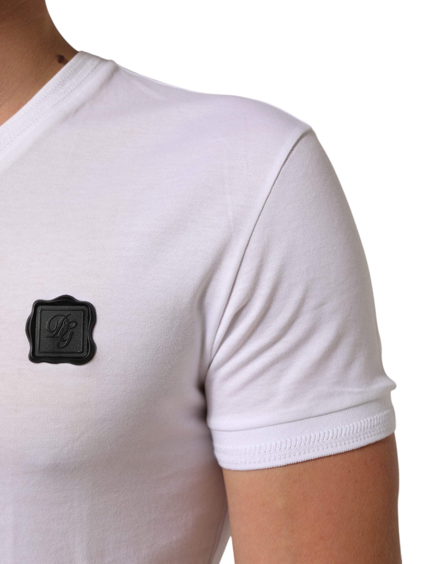Dolce & Gabbana White Cotton Logo Patch V-neck Tee T-shirt | Regal Royce