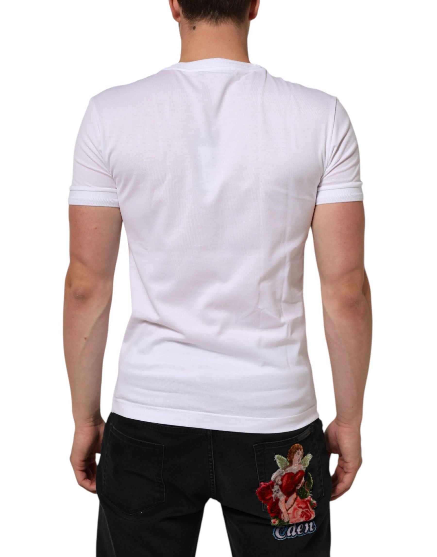 Dolce & Gabbana White Cotton Logo Patch Crew Neck  T-shirt | Regal Royce