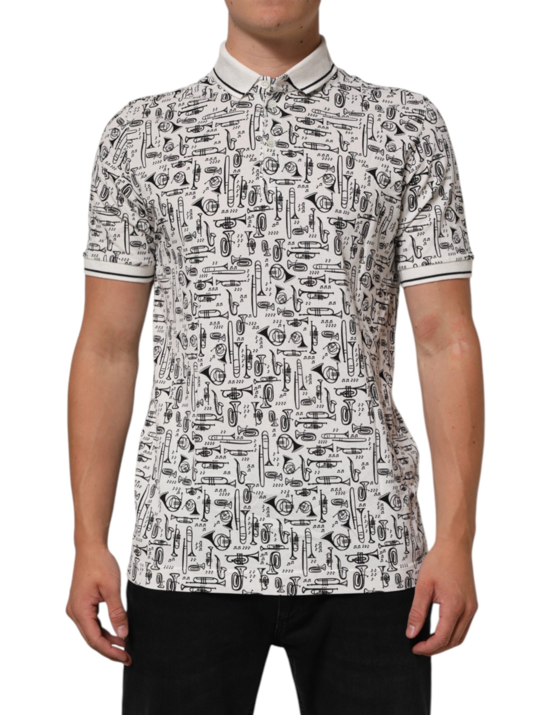 Dolce & Gabbana White Musical Print Collared Polo T-shirt | Regal Royce