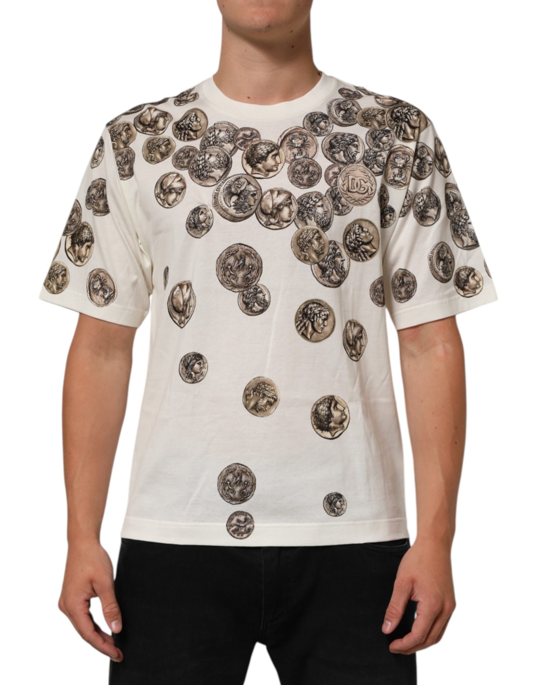 Dolce & Gabbana White Coin Print Cotton Crew Neck Men T-shirt | Regal Royce