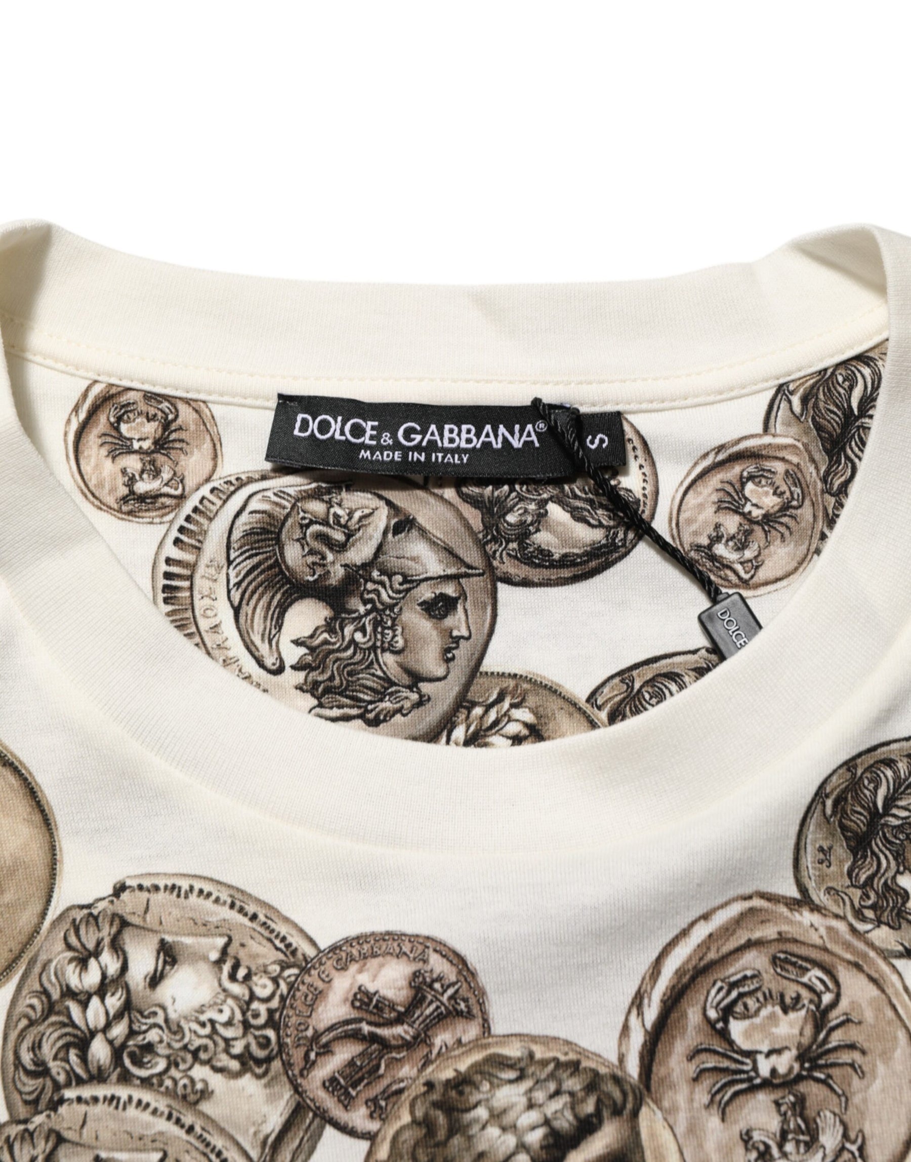 Dolce & Gabbana White Coin Print Cotton Crew Neck Men T-shirt | Regal Royce