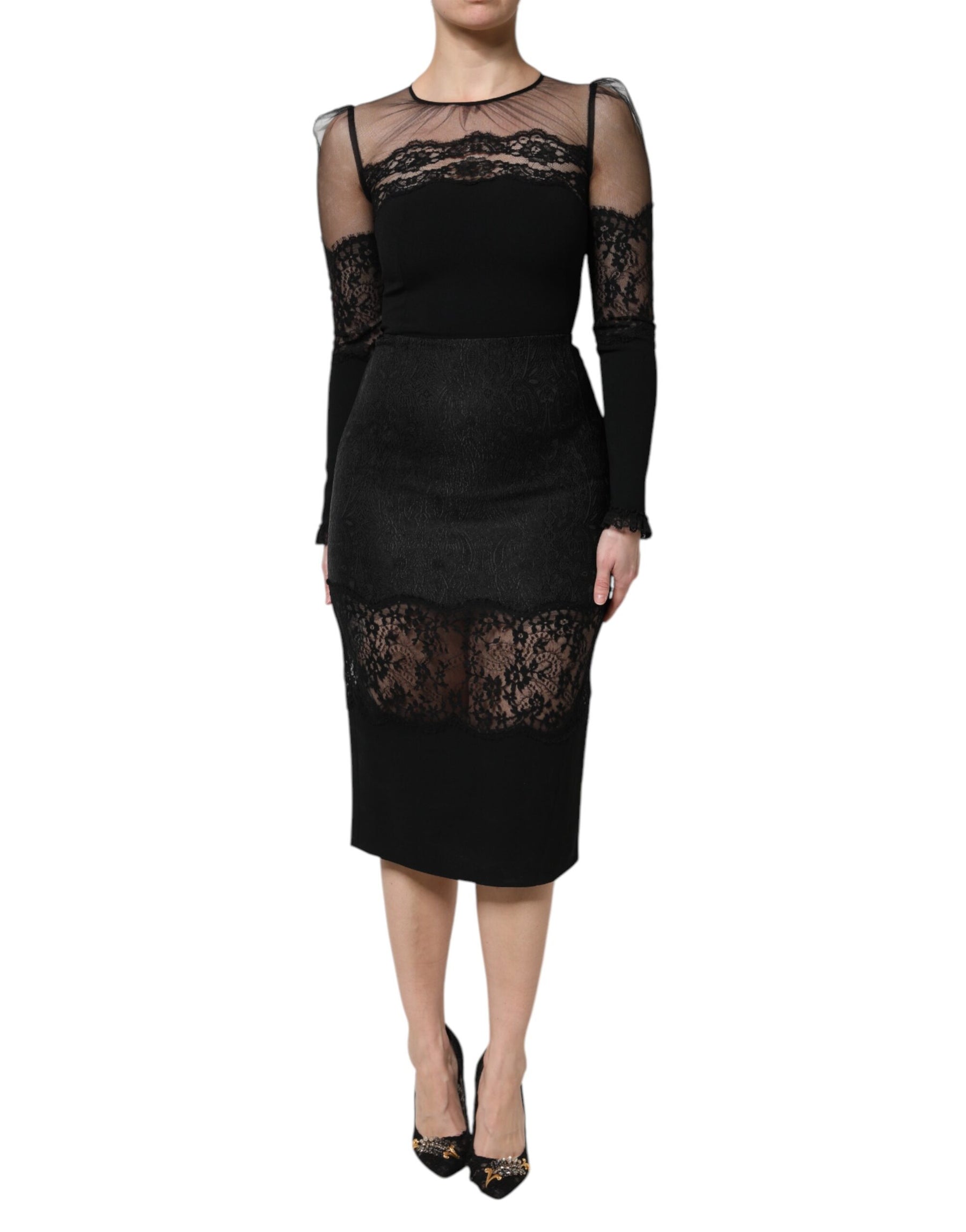 Dolce & Gabbana Black Lace Trim Nylon Tulle SheathMidi Dress | Regal Royce