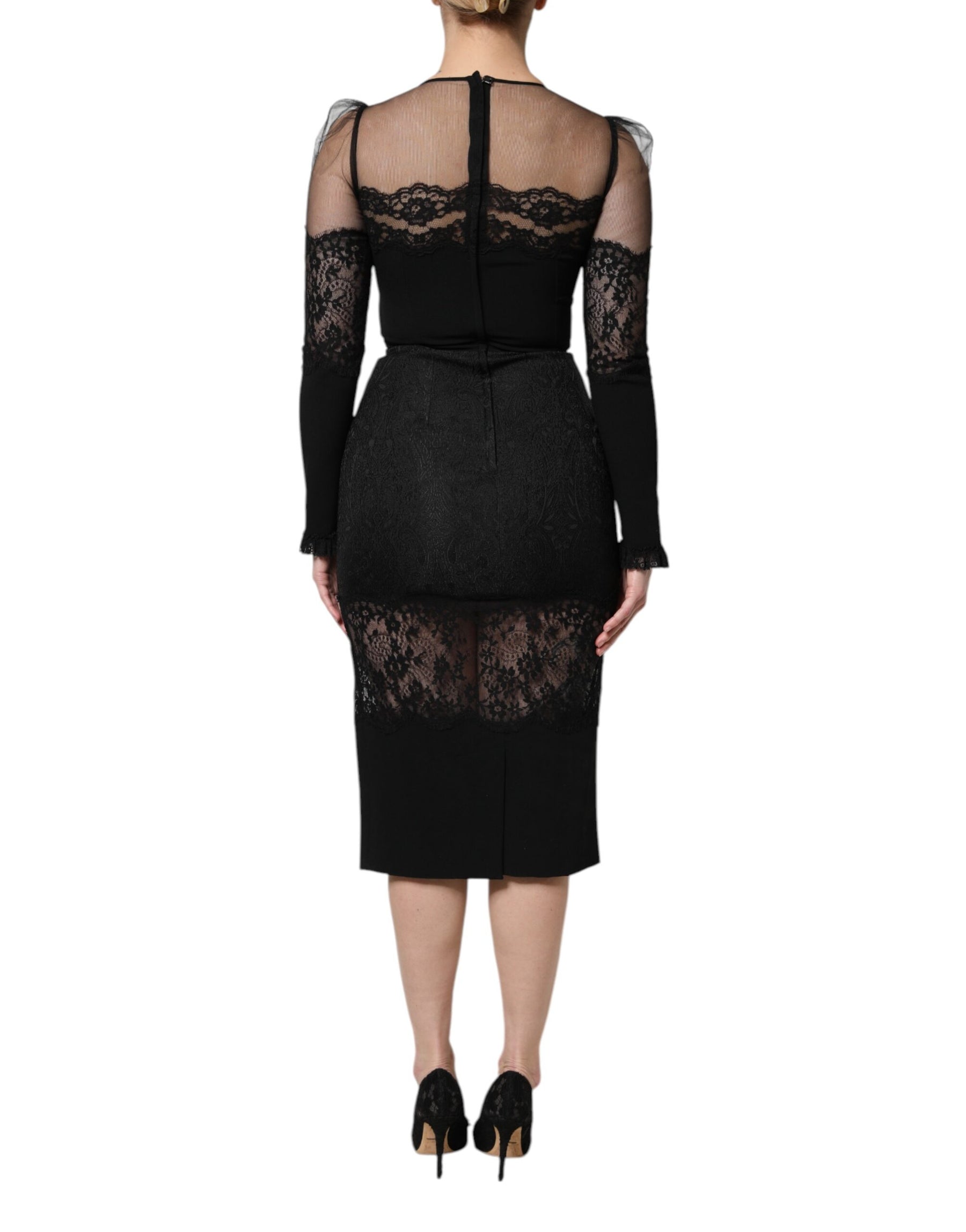 Dolce & Gabbana Black Lace Trim Nylon Tulle SheathMidi Dress | Regal Royce