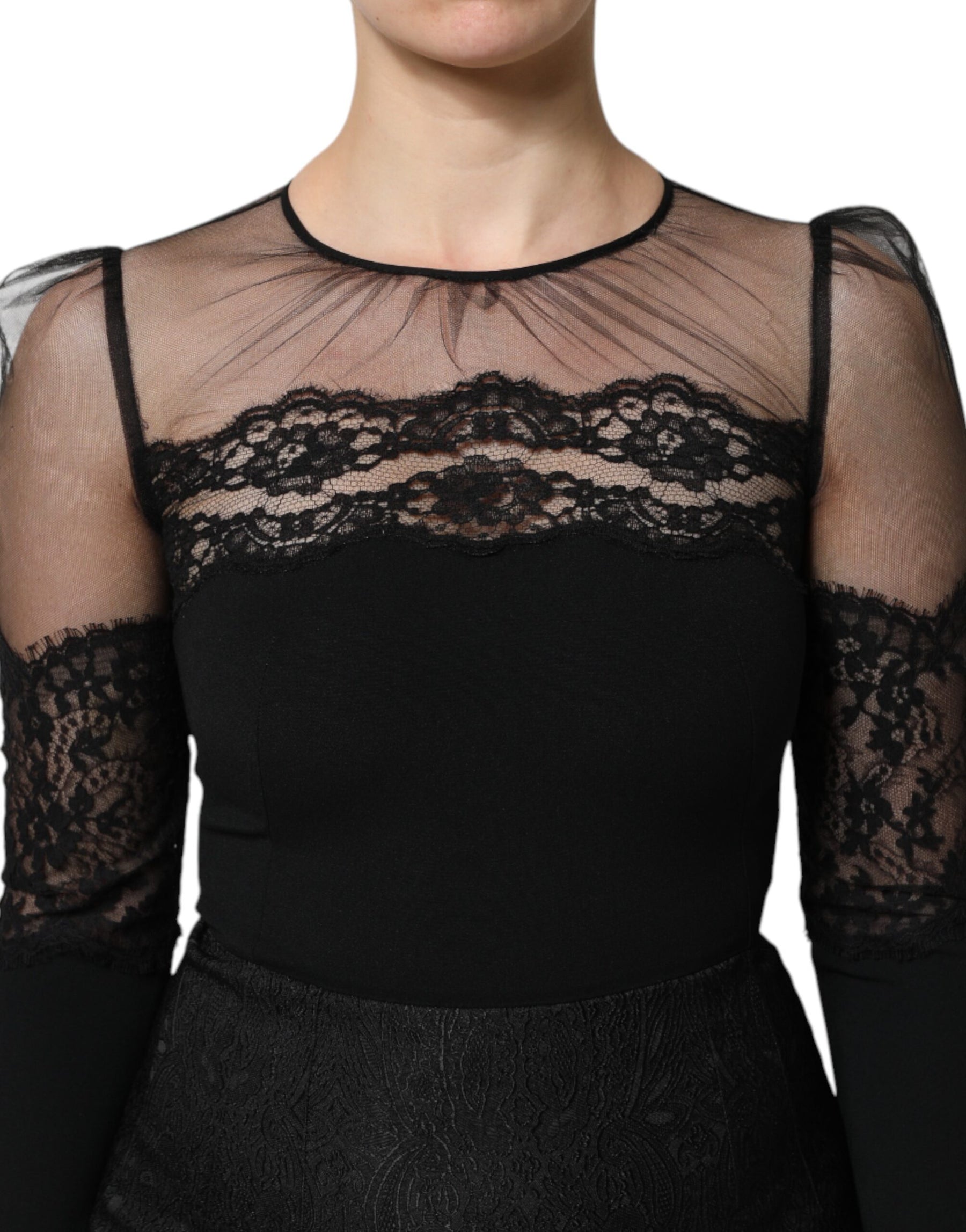 Dolce & Gabbana Black Lace Trim Nylon Tulle SheathMidi Dress | Regal Royce