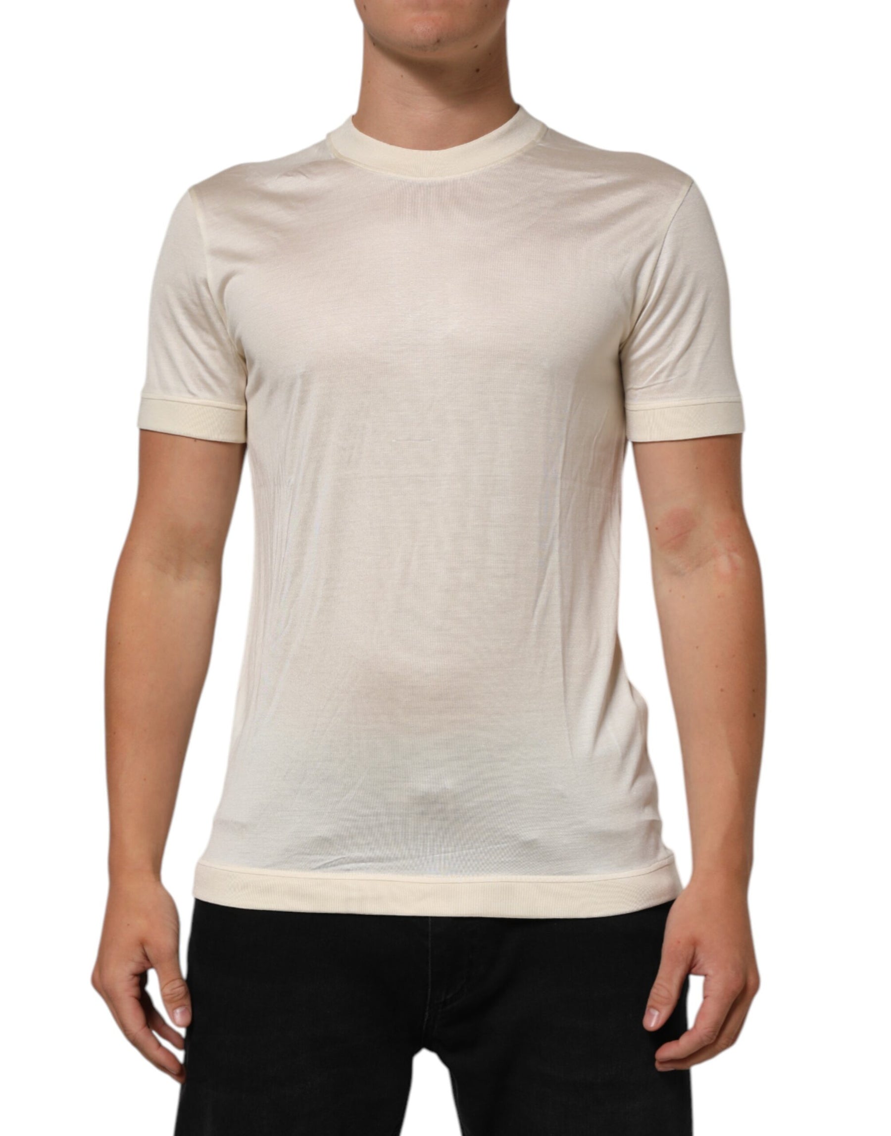 Dolce & Gabbana Off White Silk Crew Neck Short Sleeve T-shirt | Regal Royce