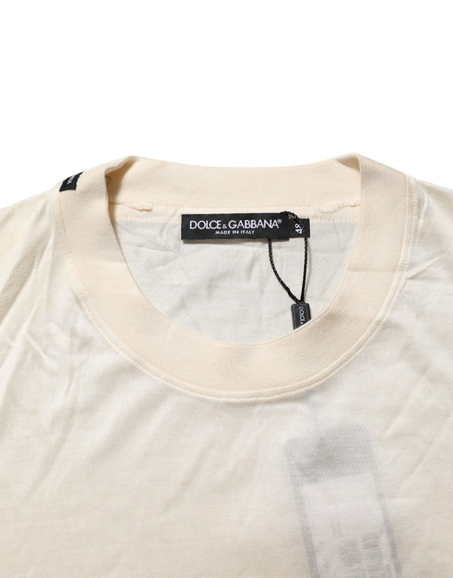 Dolce & Gabbana Off White Silk Crew Neck Short Sleeve T-shirt | Regal Royce