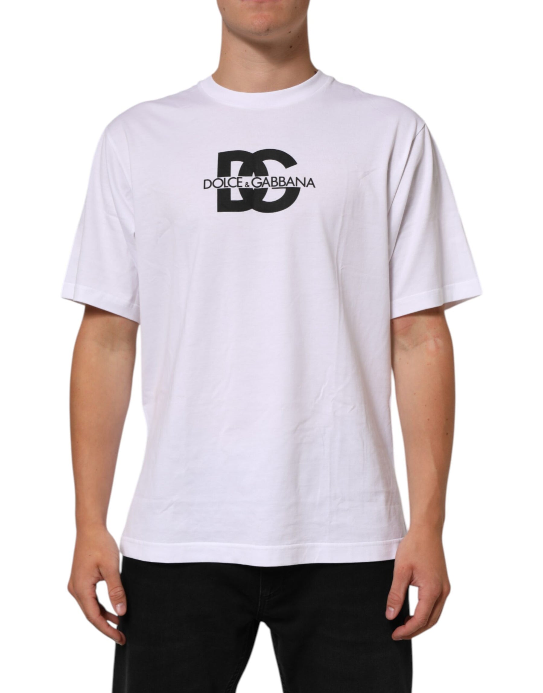 Dolce & Gabbana White Logo Print Cotton Crew Neck Men T-shirt | Regal Royce