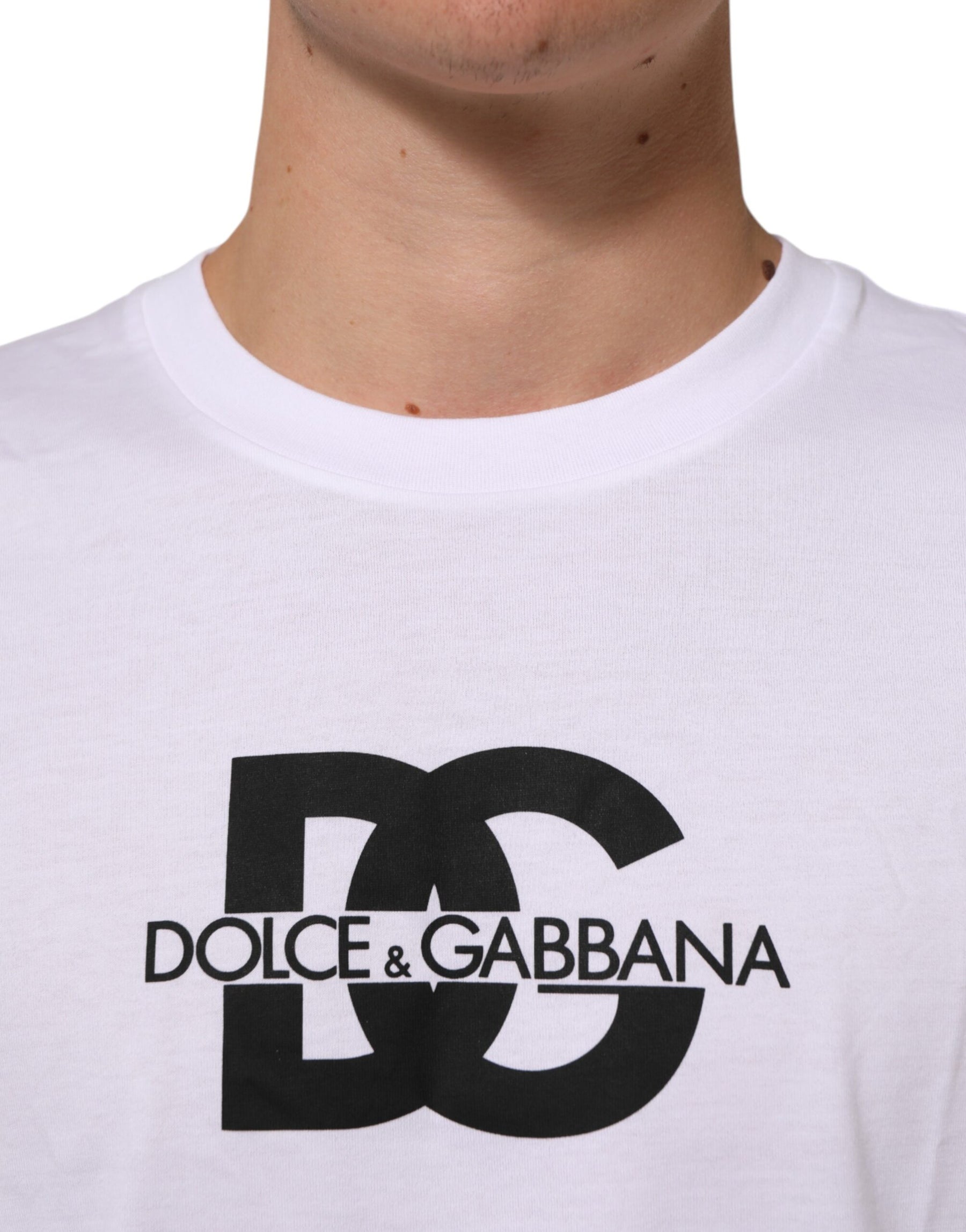 Dolce & Gabbana White Logo Print Cotton Crew Neck Men T-shirt | Regal Royce