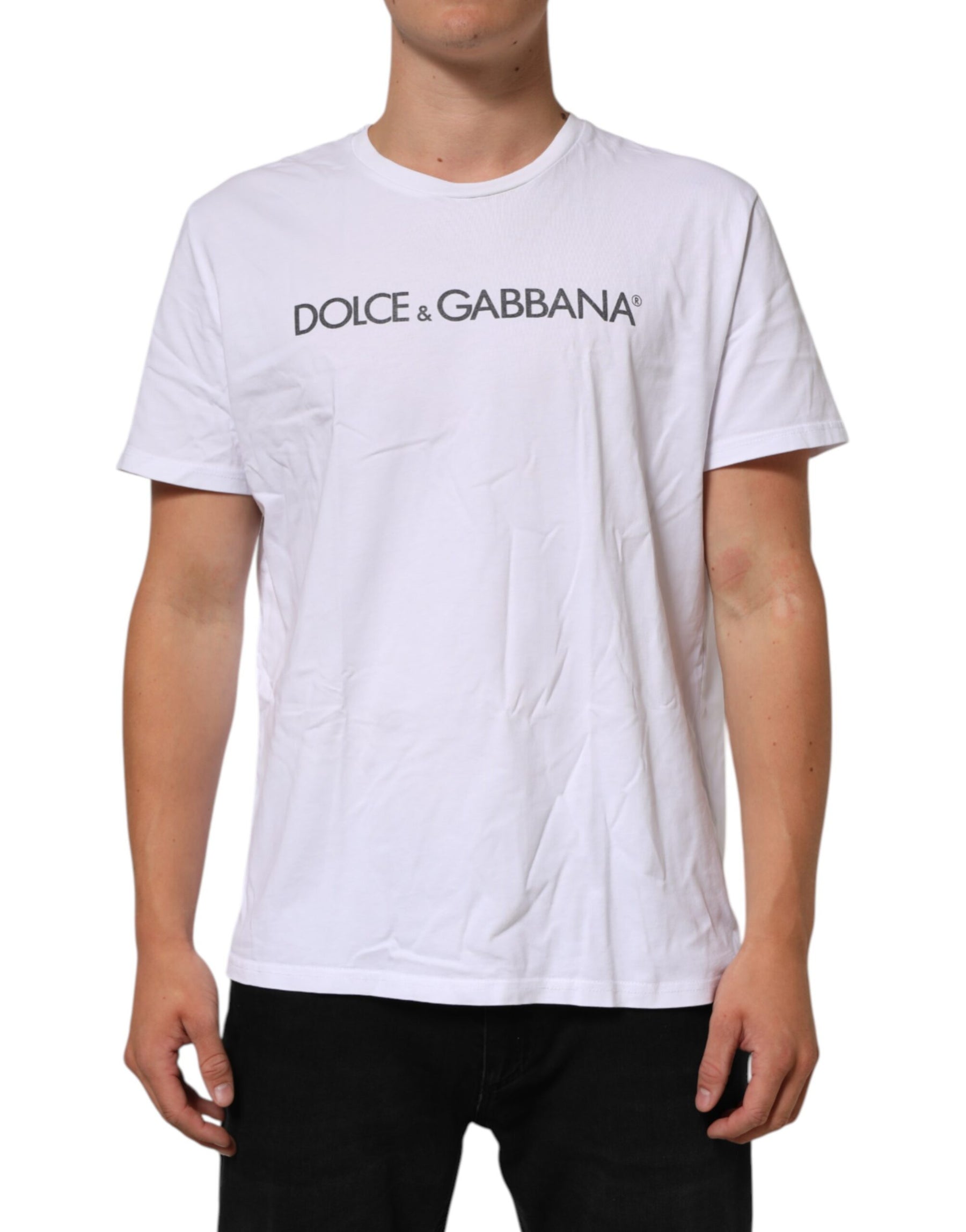 Dolce & Gabbana White Logo Print Cotton Crew Neck T-shirt | Regal Royce
