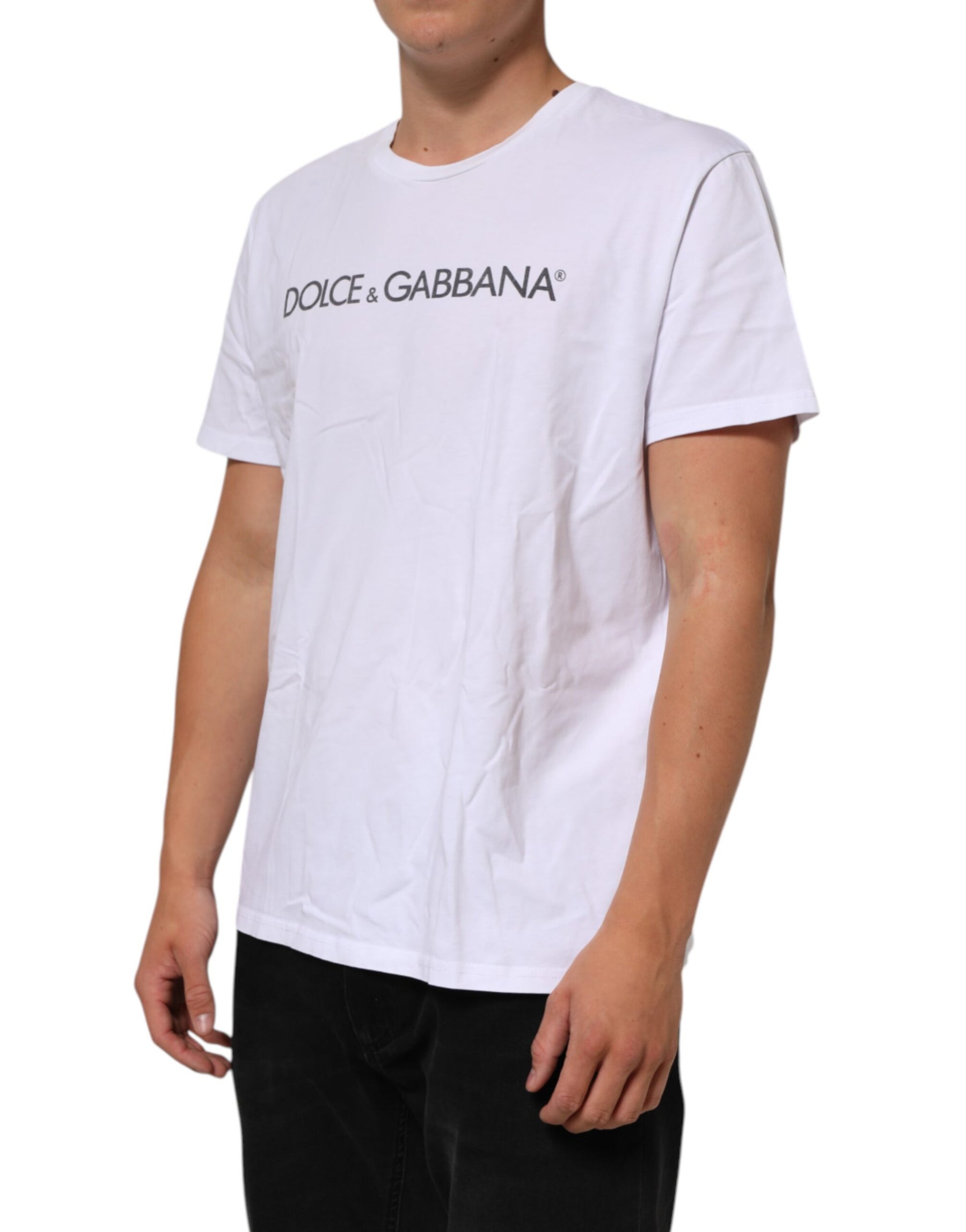 Dolce & Gabbana White Logo Print Cotton Crew Neck T-shirt | Regal Royce