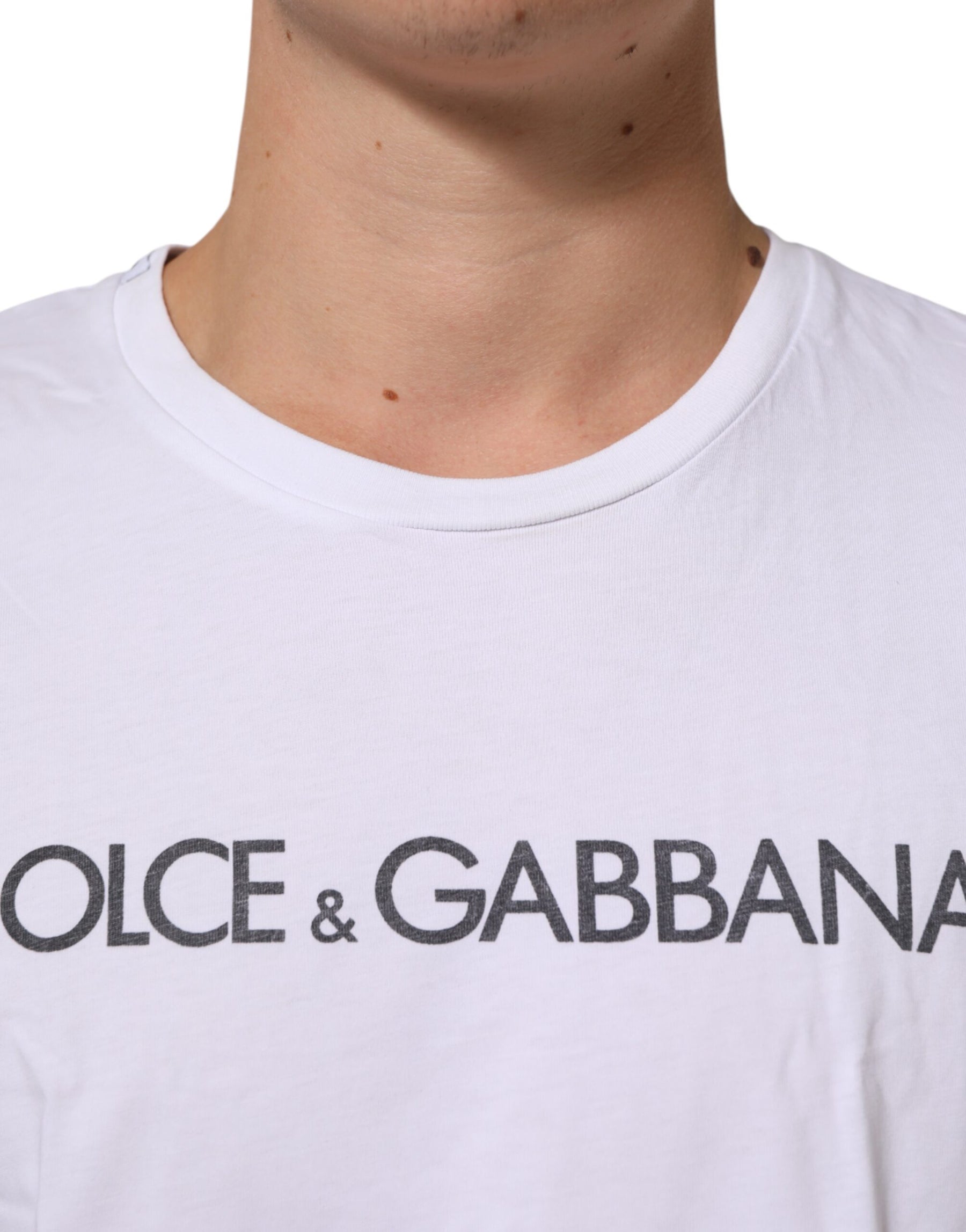Dolce & Gabbana White Logo Print Cotton Crew Neck T-shirt | Regal Royce