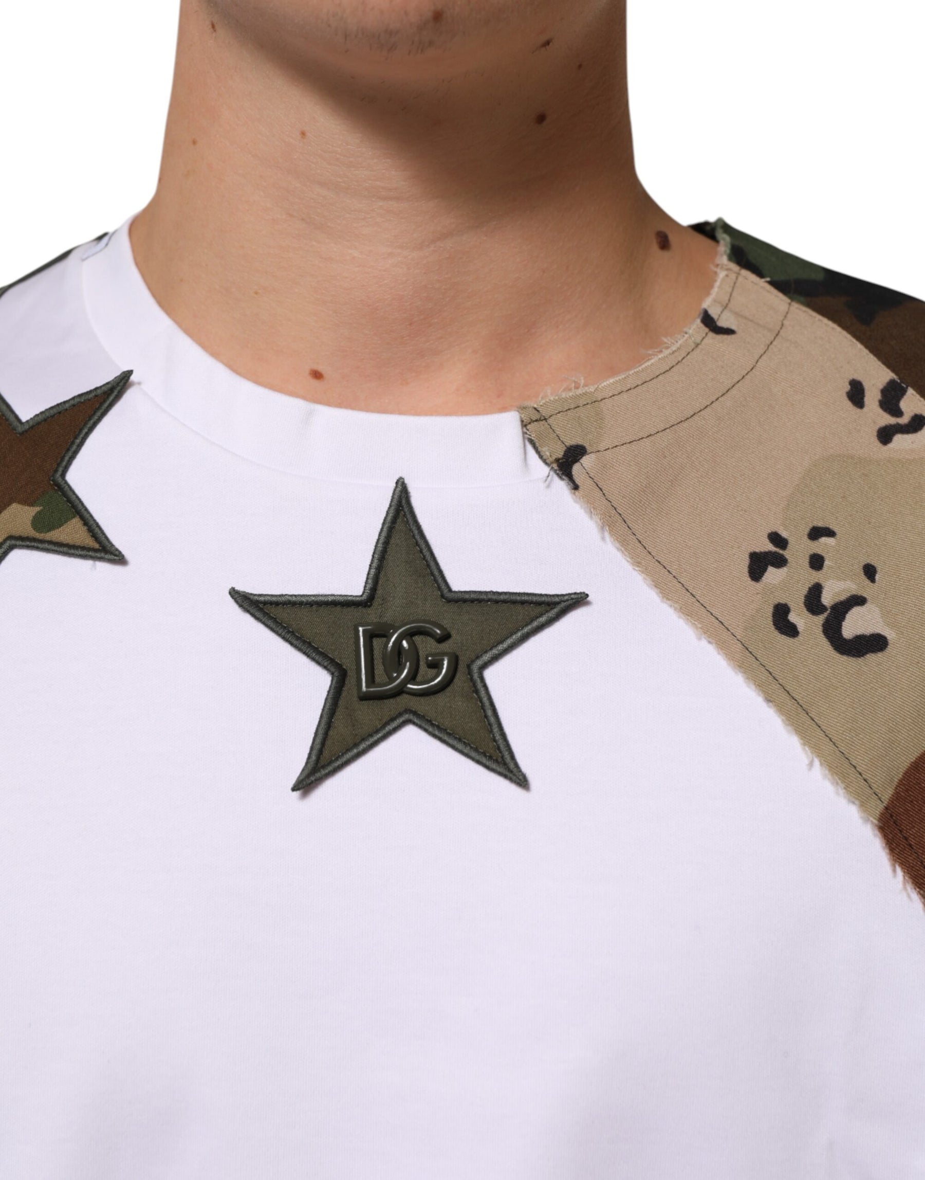 Dolce & Gabbana White Camouflage Patckwork Men Cotton T-shirt | Regal Royce