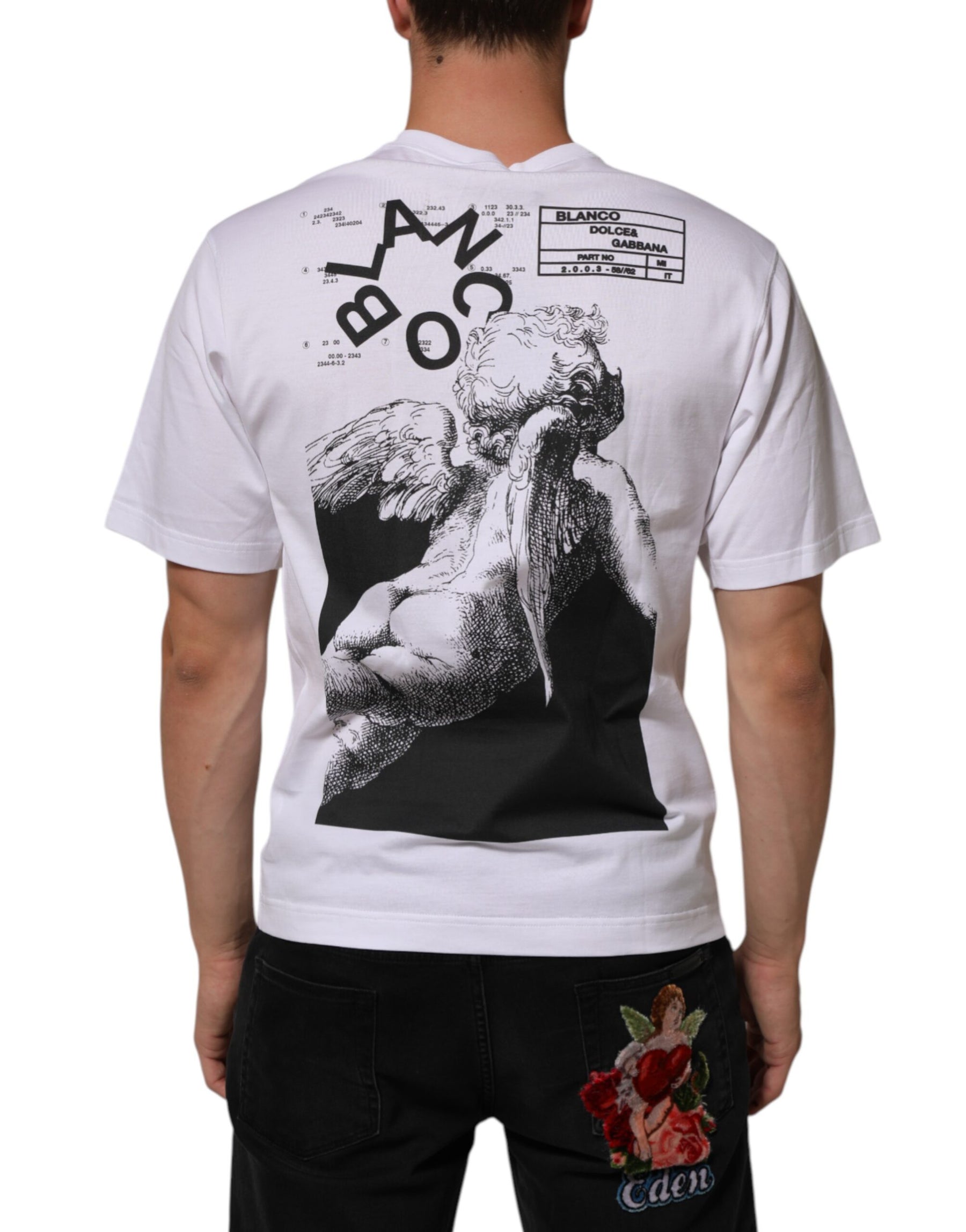 Dolce & Gabbana White Angel Print Cotton Men Crew Neck T-shirt | Regal Royce