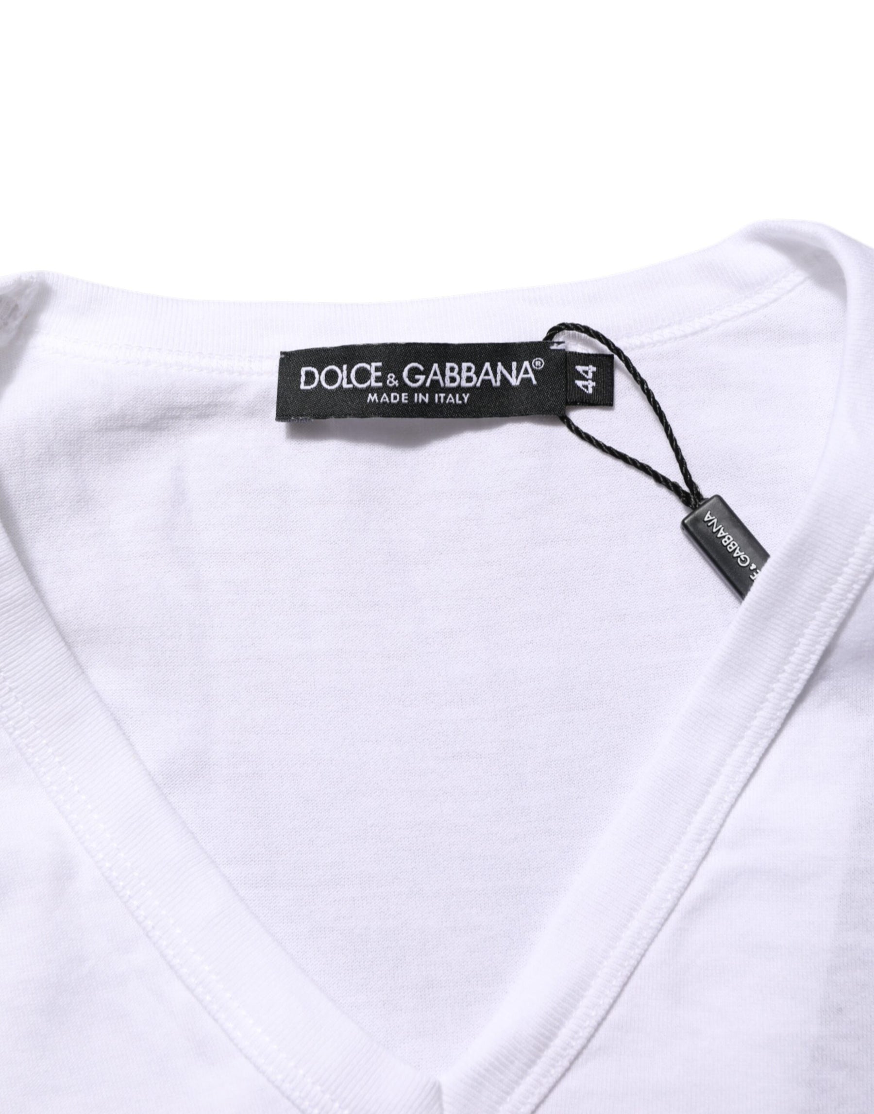 Dolce & Gabbana White Cotton V-Neck Short Sleeves T-shirt | Regal Royce