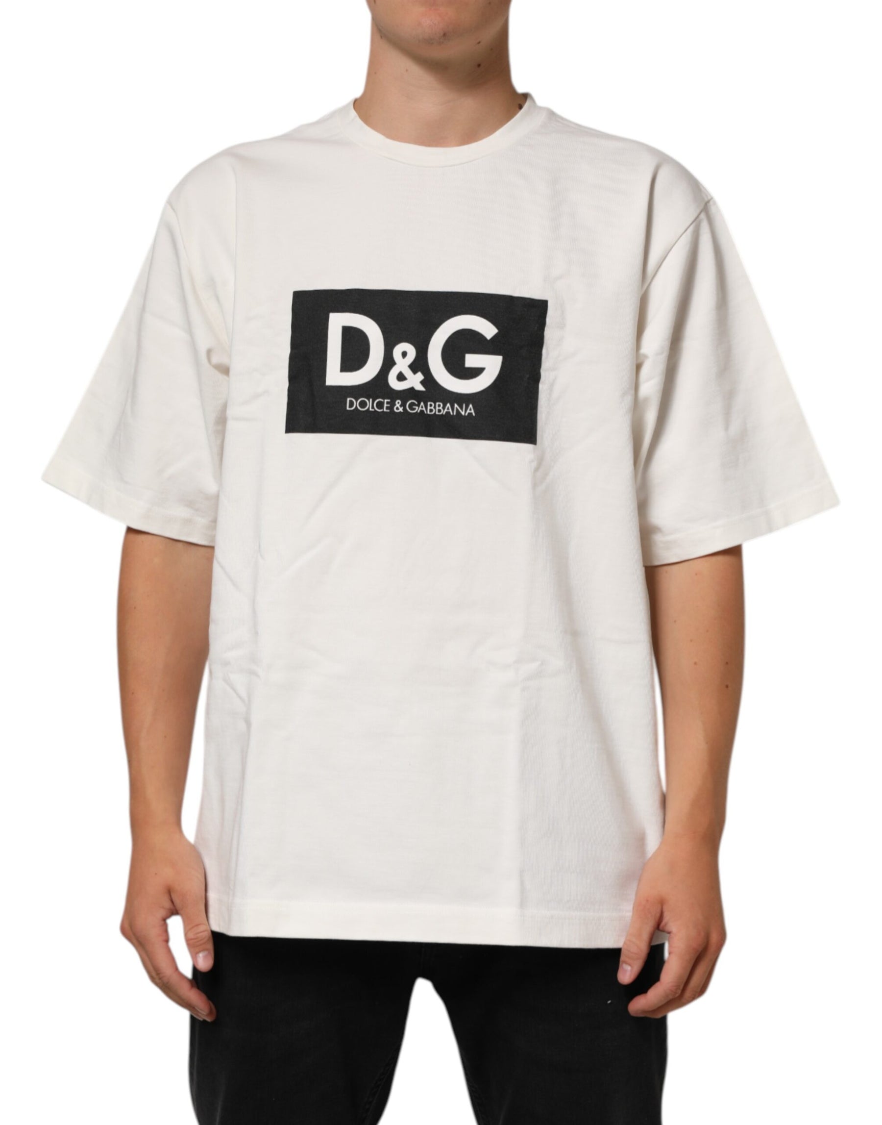 Dolce & Gabbana White Logo Print Cotton Crew Neck Men T-shirt | Regal Royce