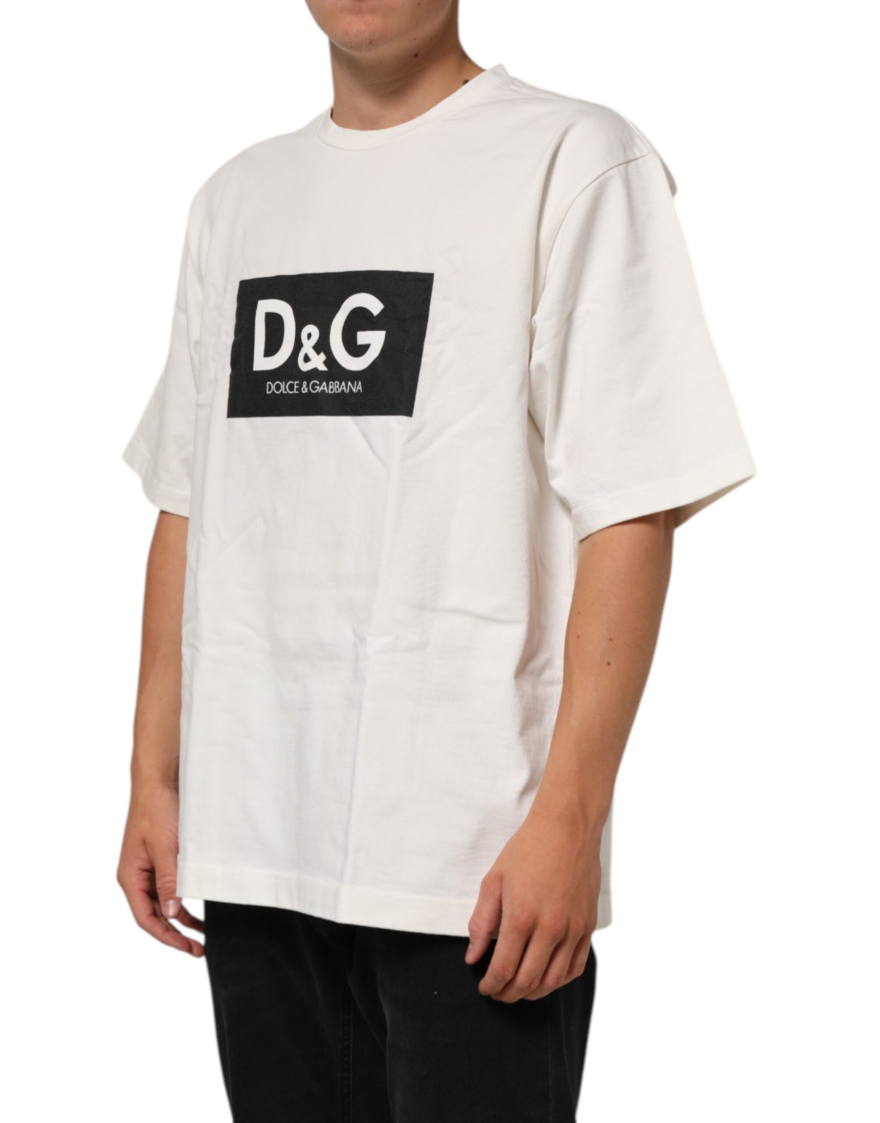 Dolce & Gabbana White Logo Print Cotton Crew Neck Men T-shirt | Regal Royce