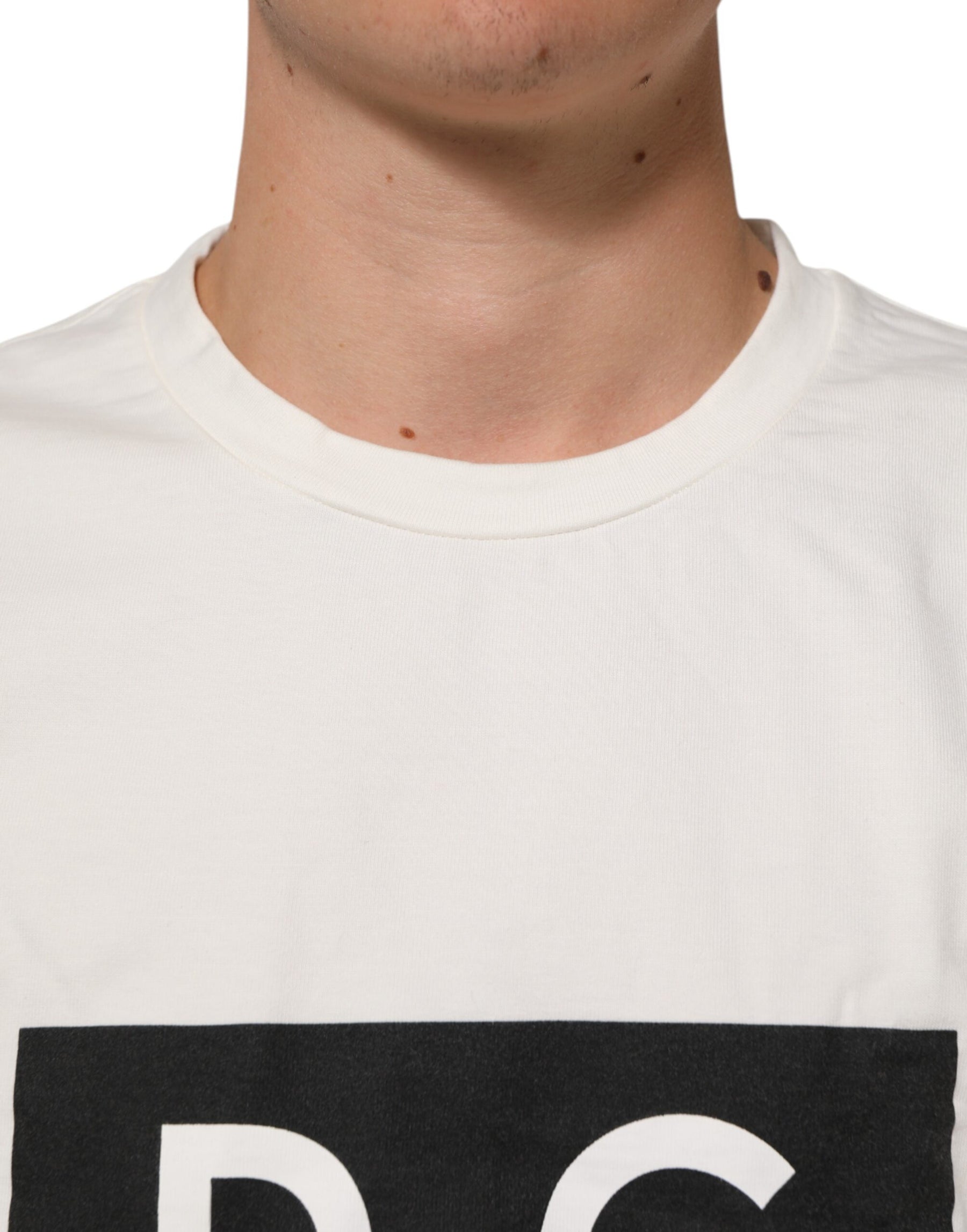 Dolce & Gabbana White Logo Print Cotton Crew Neck Men T-shirt | Regal Royce