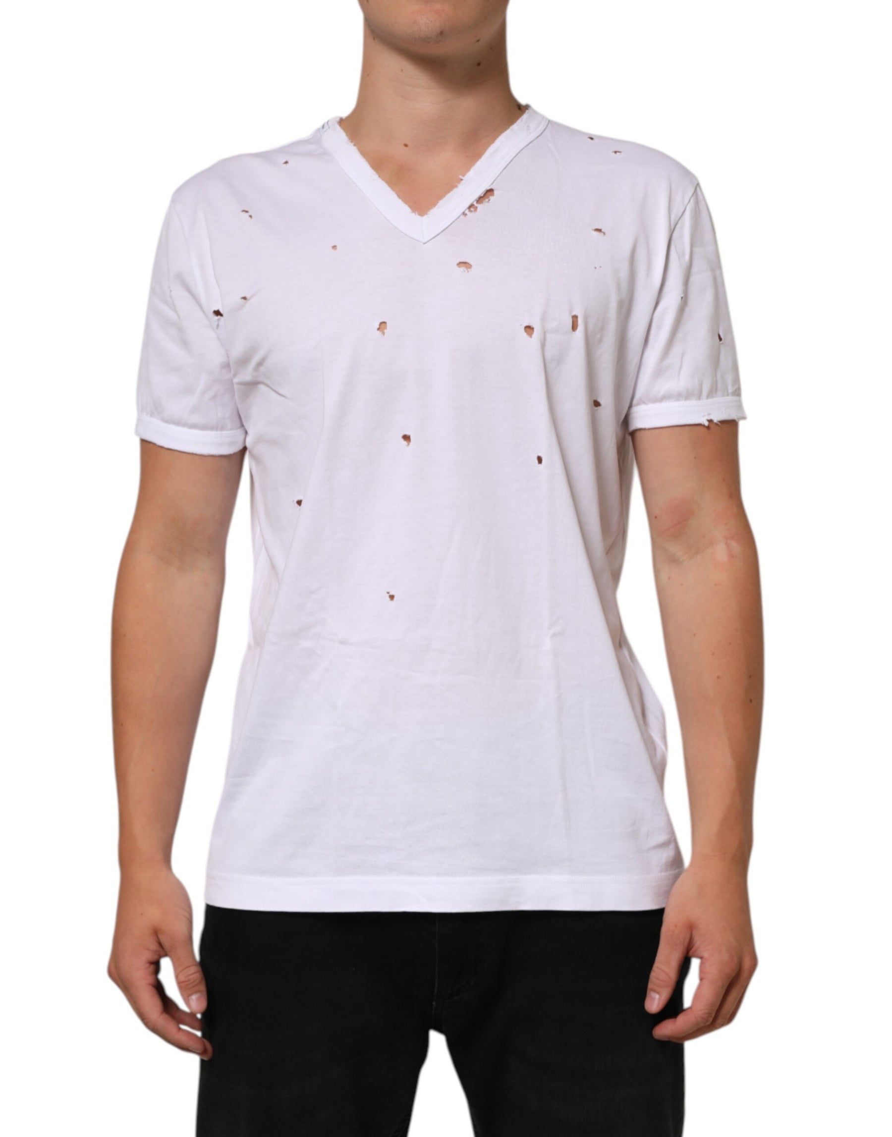Dolce & Gabbana White Distressed Cotton V Neck Men T-shirt | Regal Royce