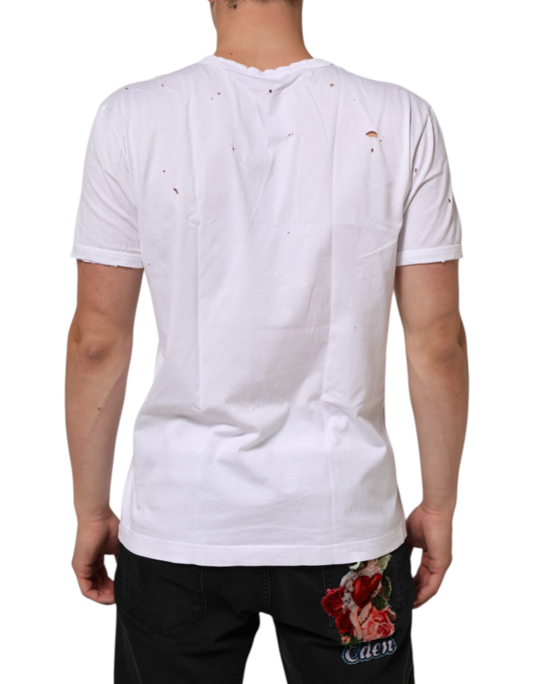 Dolce & Gabbana White Distressed Cotton V Neck Men T-shirt | Regal Royce