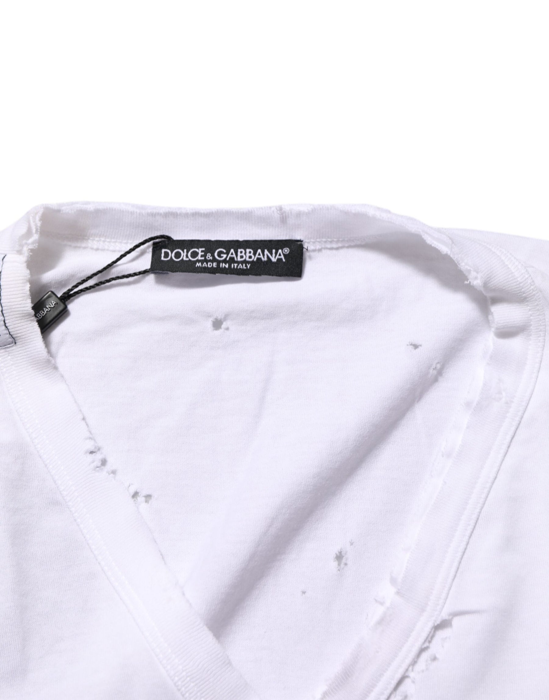 Dolce & Gabbana White Distressed Cotton V Neck Men T-shirt | Regal Royce