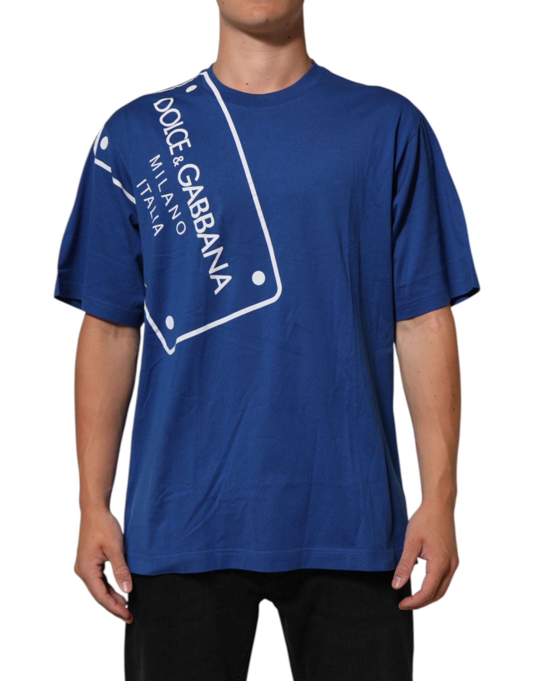 Dolce & Gabbana Blue Logo Print Cotton Crew Neck Men T-shirt | Regal Royce