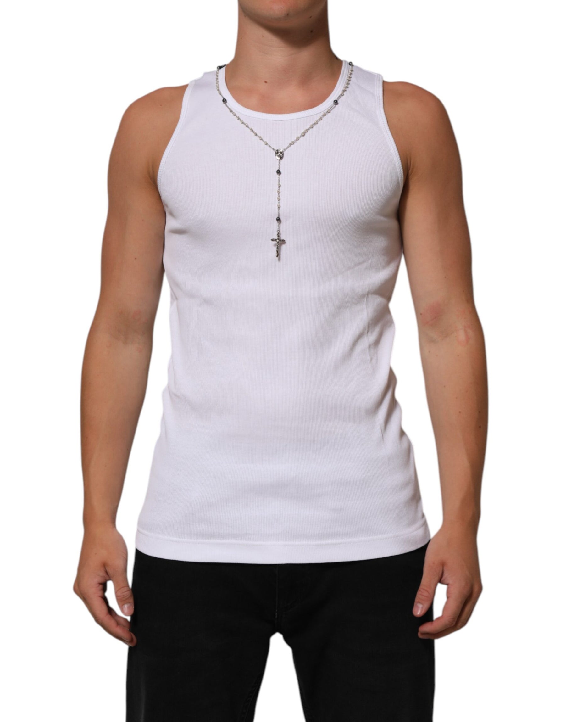 Dolce & Gabbana White Cotton Chain Necklace Tank Top T-shirt | Regal Royce