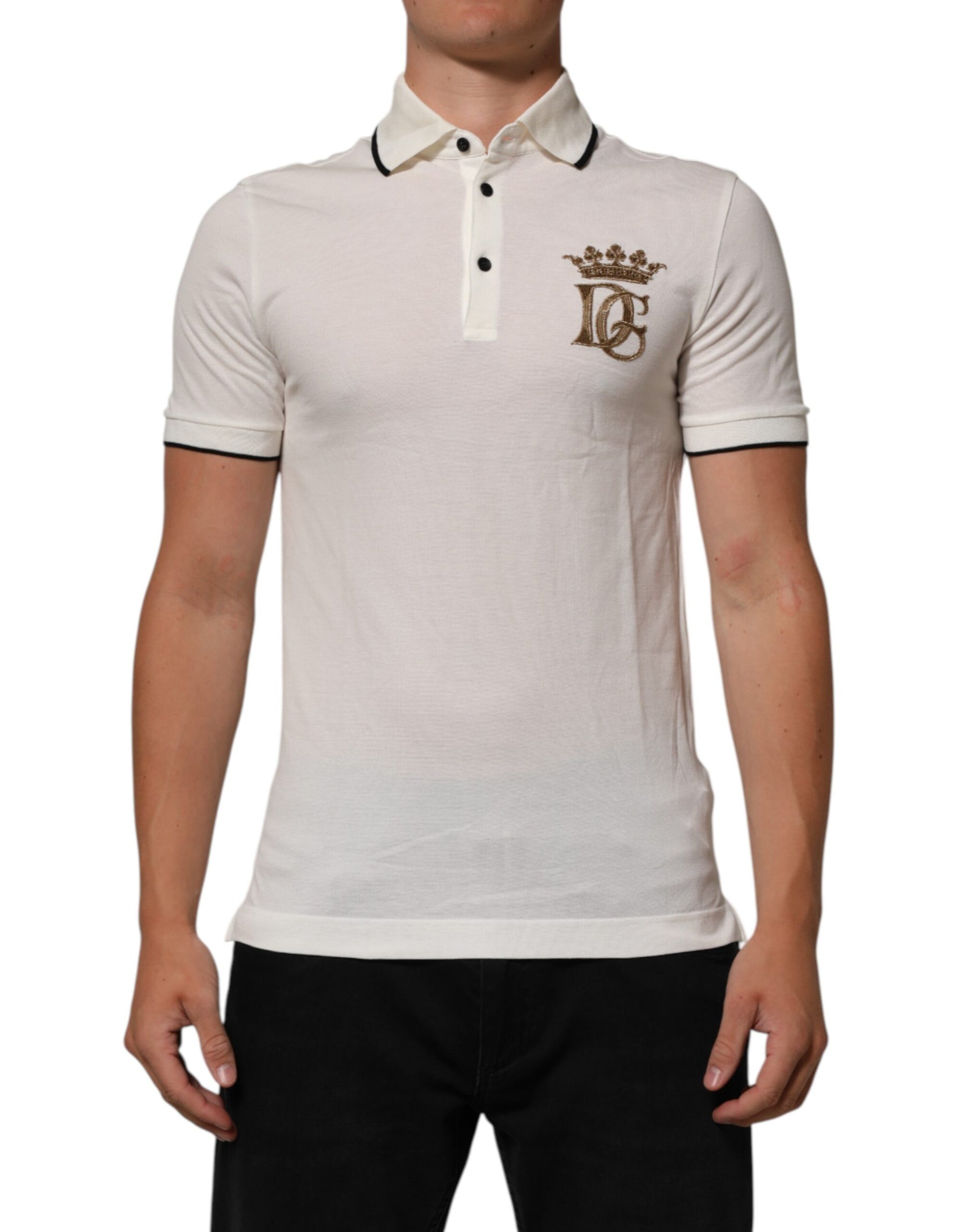 Dolce & Gabbana White Logo Embroidery Cotton Polo T-shirt | Regal Royce