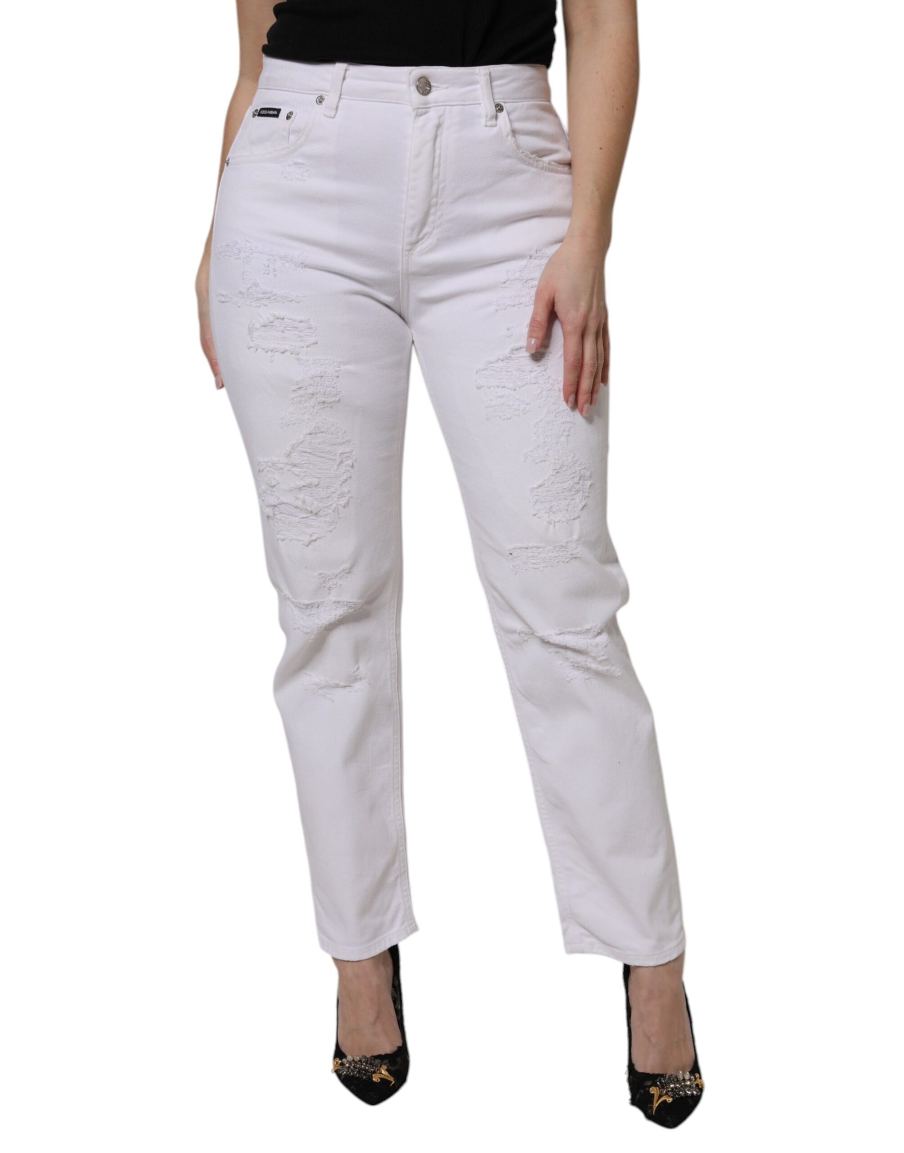 Dolce & Gabbana White Cotton Tattered BOYFRIEND Denim Jeans | Regal Royce