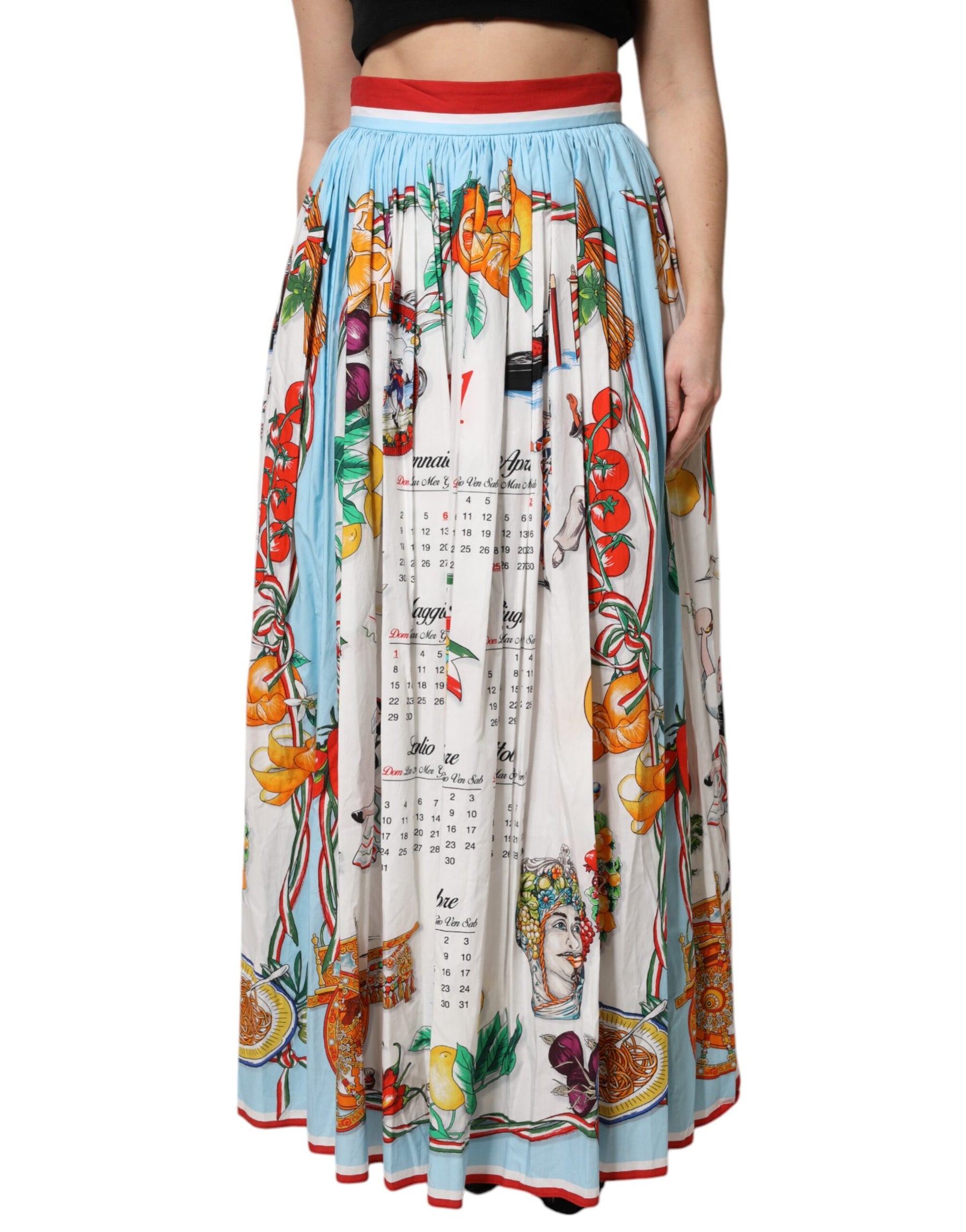 Dolce & Gabbana White Calendar Print Cotton Gathered Maxi Skirt | Regal Royce