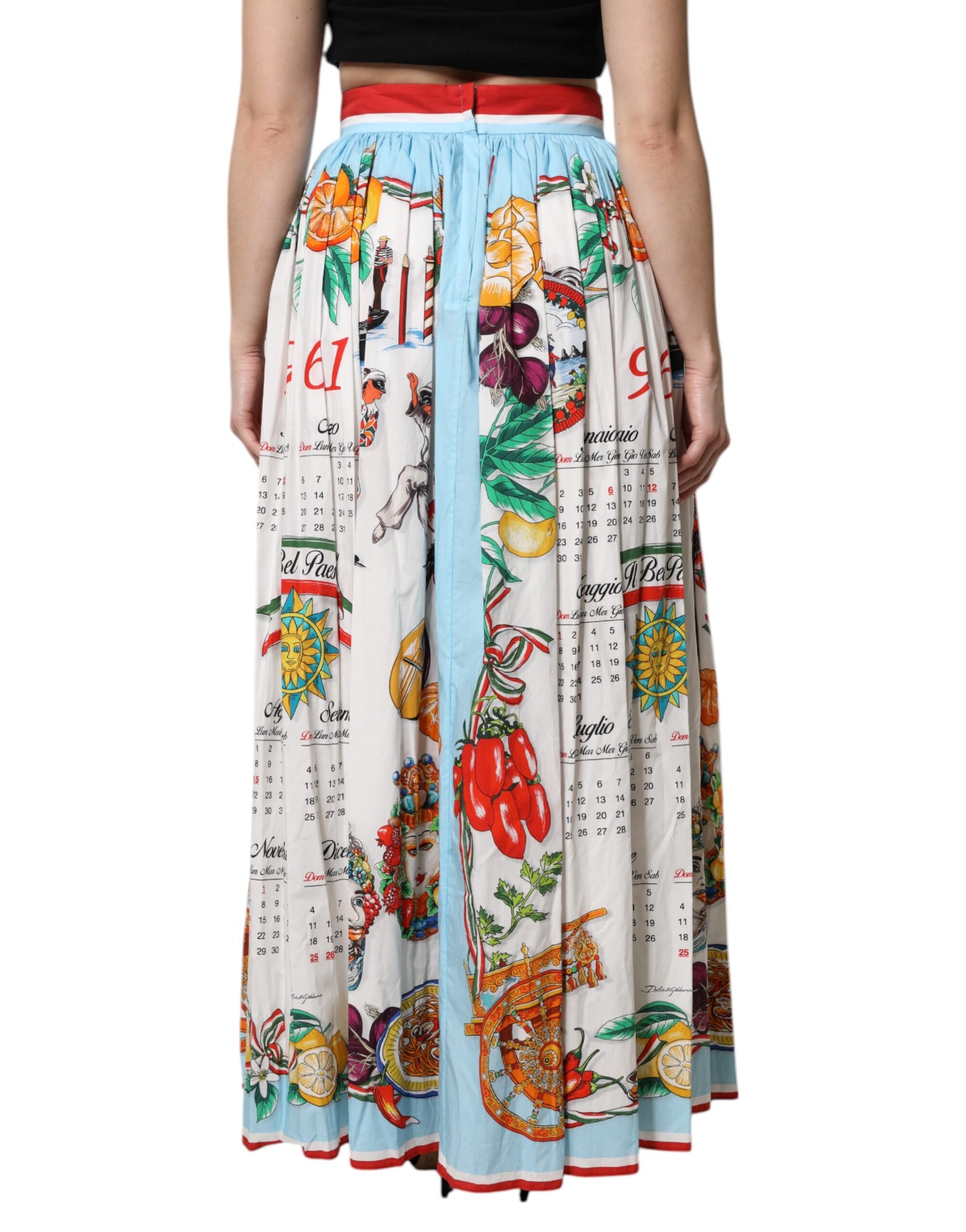 Dolce & Gabbana White Calendar Print Cotton Gathered Maxi Skirt | Regal Royce