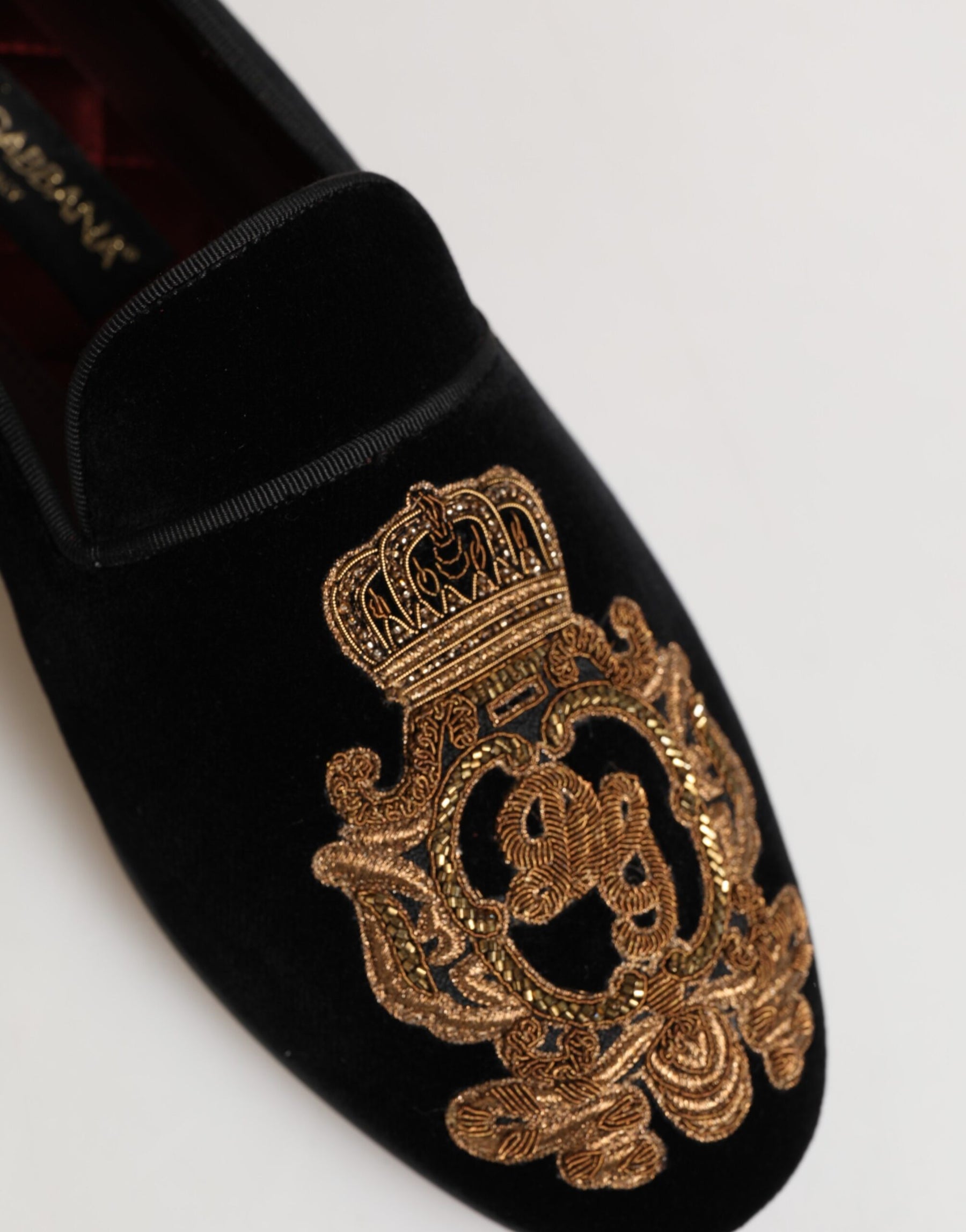 Dolce & Gabbana Black Velvet Gold Crown Mens Loafers Shoes | Regal Royce