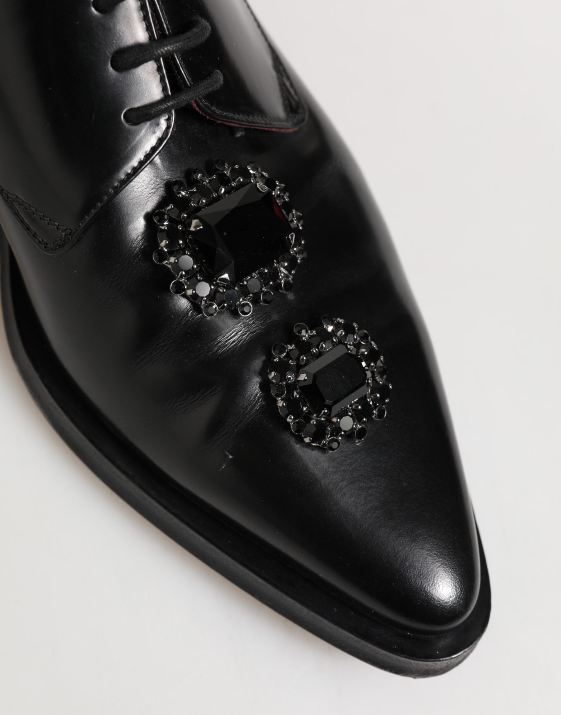 Dolce & Gabbana Black Leather Jeweled Crystals Derby Shoes | Regal Royce