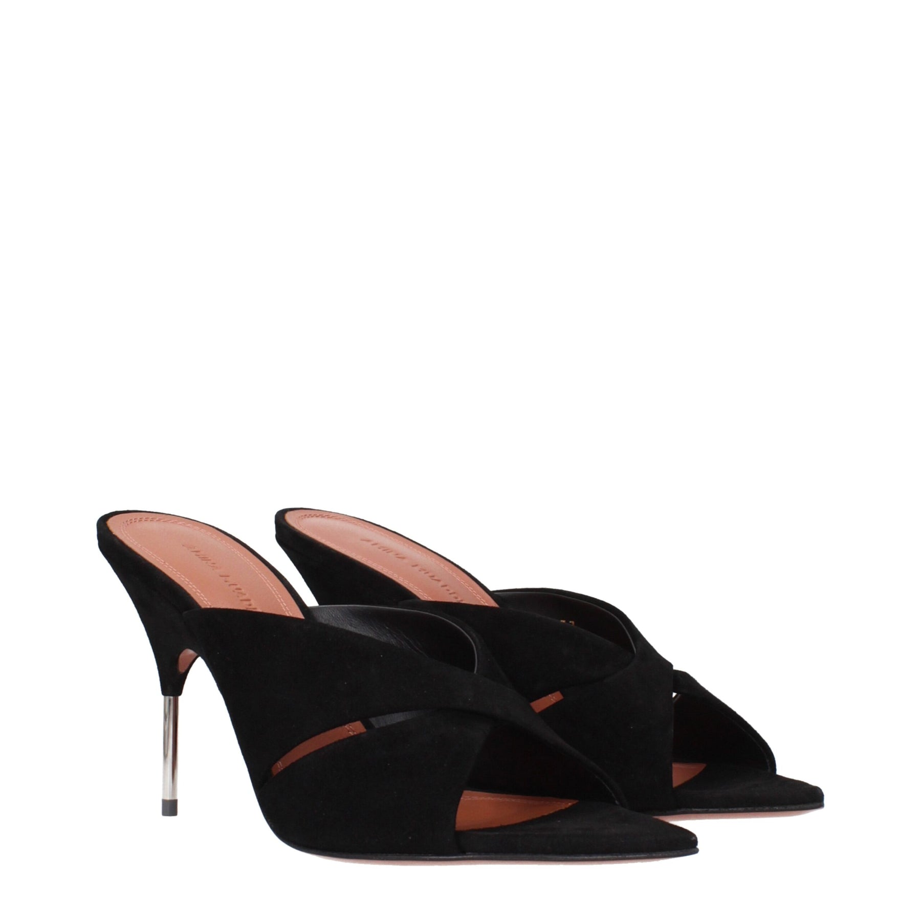 Amina Muaddi Black Leather Stiletto Heel Sandals | Regal Royce